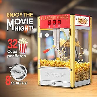 ROVSUN Popcorn Machine with 8 Ounce Kettle Makes Up to 32 Cups ETL Certified, Countertop Popcorn Maker Commercial Popcorn Machine Movie Theater Style w/Scoop, Oil Spoon & 3 Popcorn Cups