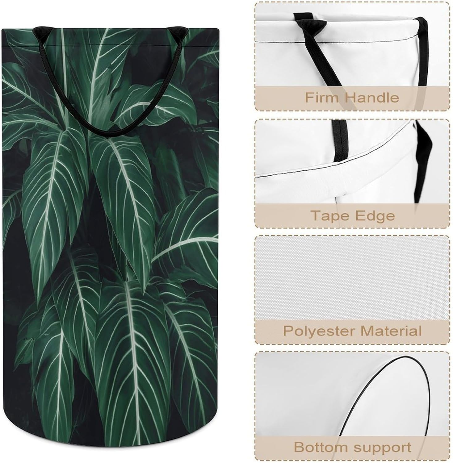 Green Long Leaves Laundry Hamper with Handles Waterproof Collapsible Laundry Basket Large Lightweight Round Dirty Clothes Hamper for Home Dorm Bathroom Decor