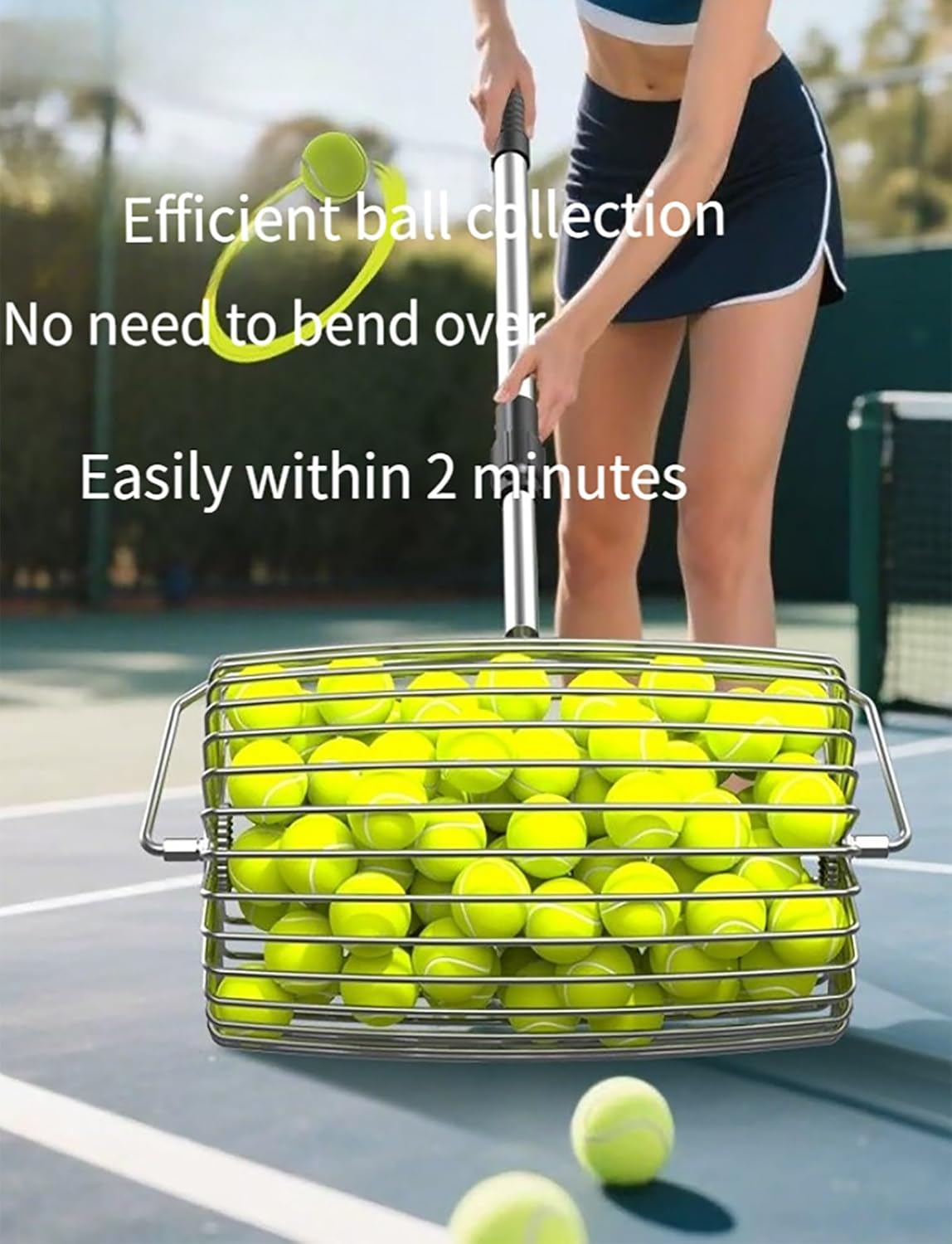 Tennis Ball Retriever Roller,Tennis Ball Collector, Large Capacity Stainless Steel Picker Upper for Training and Practice(34x23x73–107cm(13x9x29–42in))