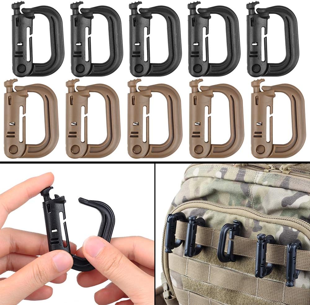 XTACER Tactical Multipurpose Small D-Ring Locking Hanging Hook Tactical Link Snap Keychain Button Release for Molle Webbing (Set of 10)
