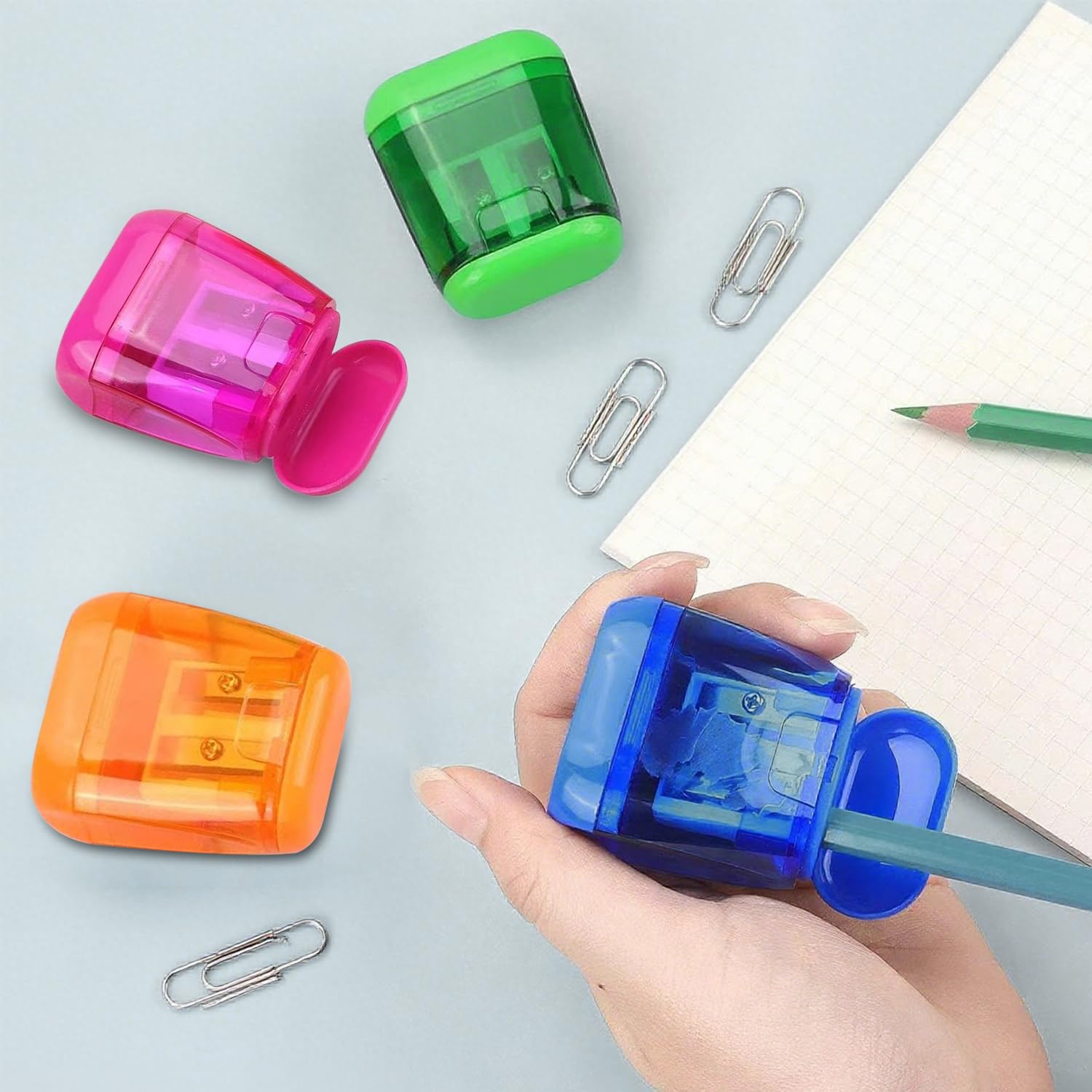 Pencil Sharpener Set, 4 Pack Manual Double Hole Compact Handheld Sharpeners with Lid for Students Office School Classroom Travel Art Supplies