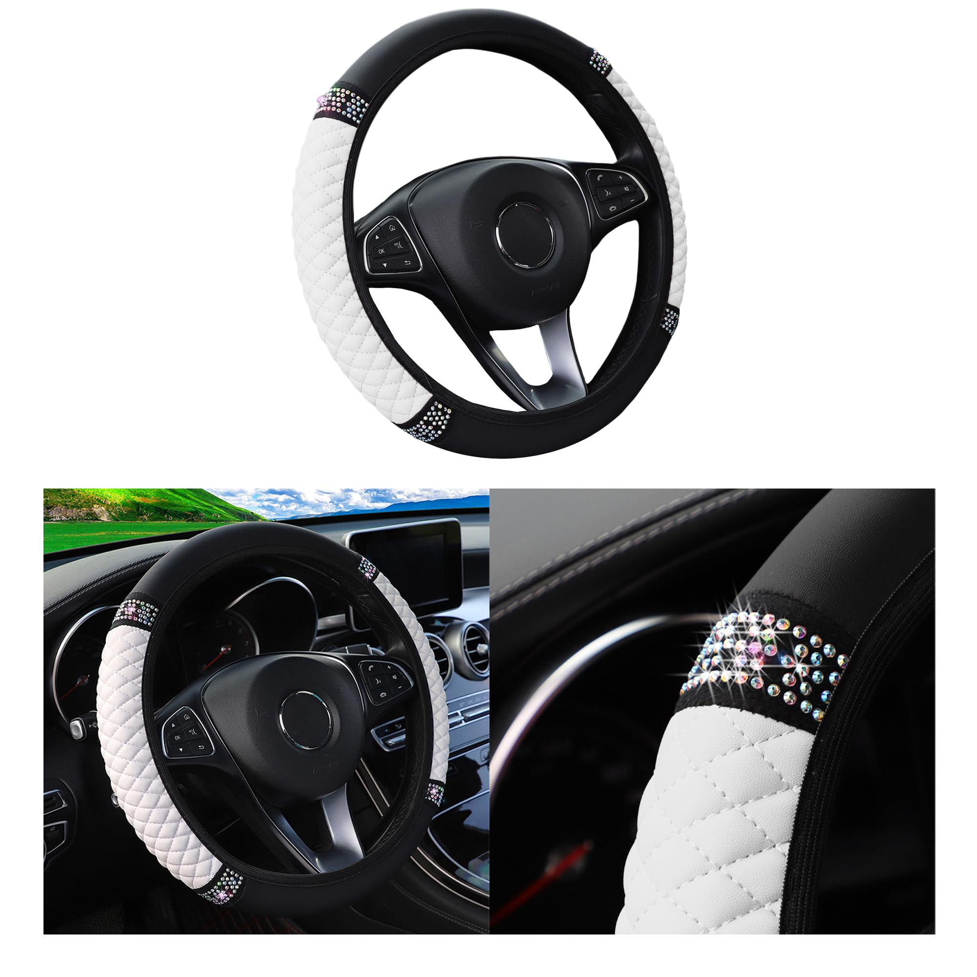 Bling Car Steering Wheel Cover, 15 Inch Rhinestones Soft Leather Elastic Steering Wheel Protector, Sparkly Crystal Diamond for Women Girls, Car Interior Accessories for Most Cars (White)