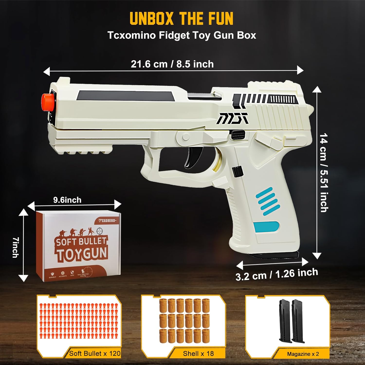 Automatic Shell Ejecting Toy Gun for Age 13+ Years, Fidget & Shooting Game, Realistic Toy Pistol with 120 Soft Bullets, 18 Shells & 2 Magazines, Ideal Gift for Halloween Christmas(White)