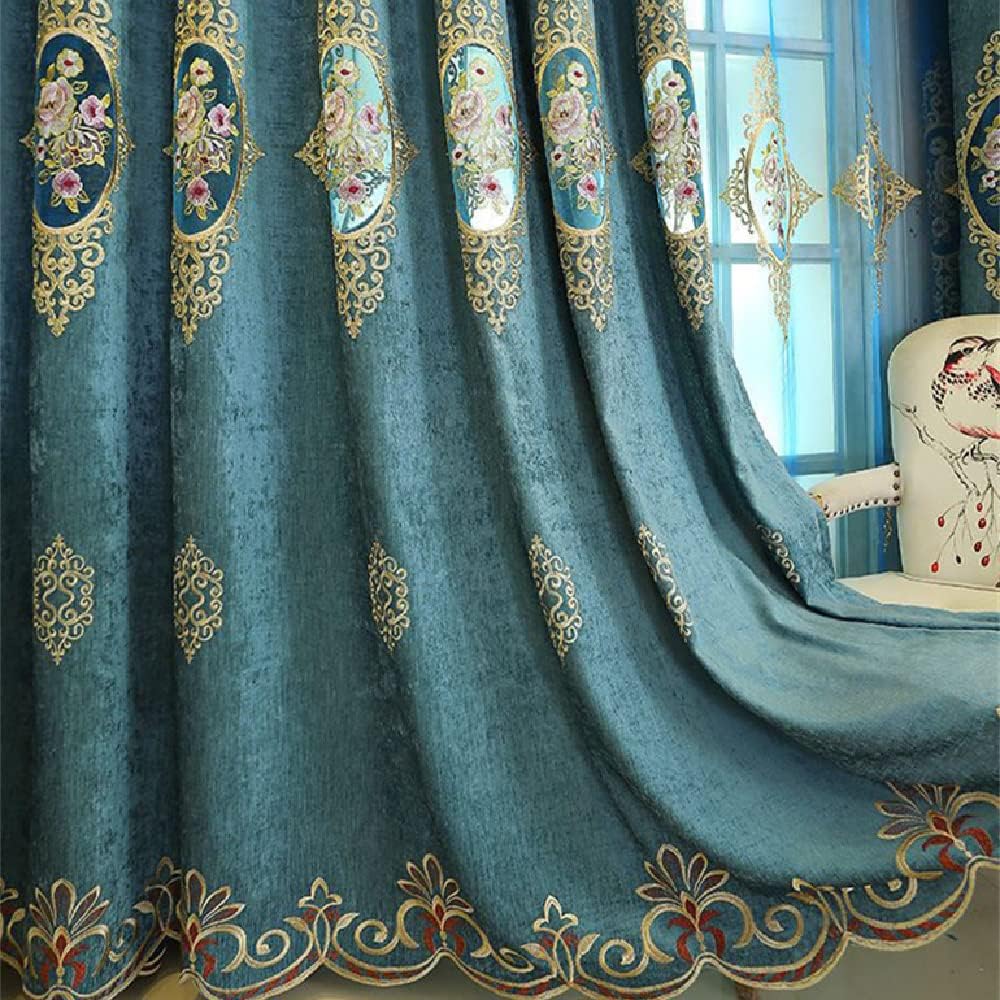 Amidoudou 1 Pair European Luxury Jacquard Hollow Curtain Embroidered Chenille Curtains for Living Room Bedroom (Royal Blue,51x102 Inch)