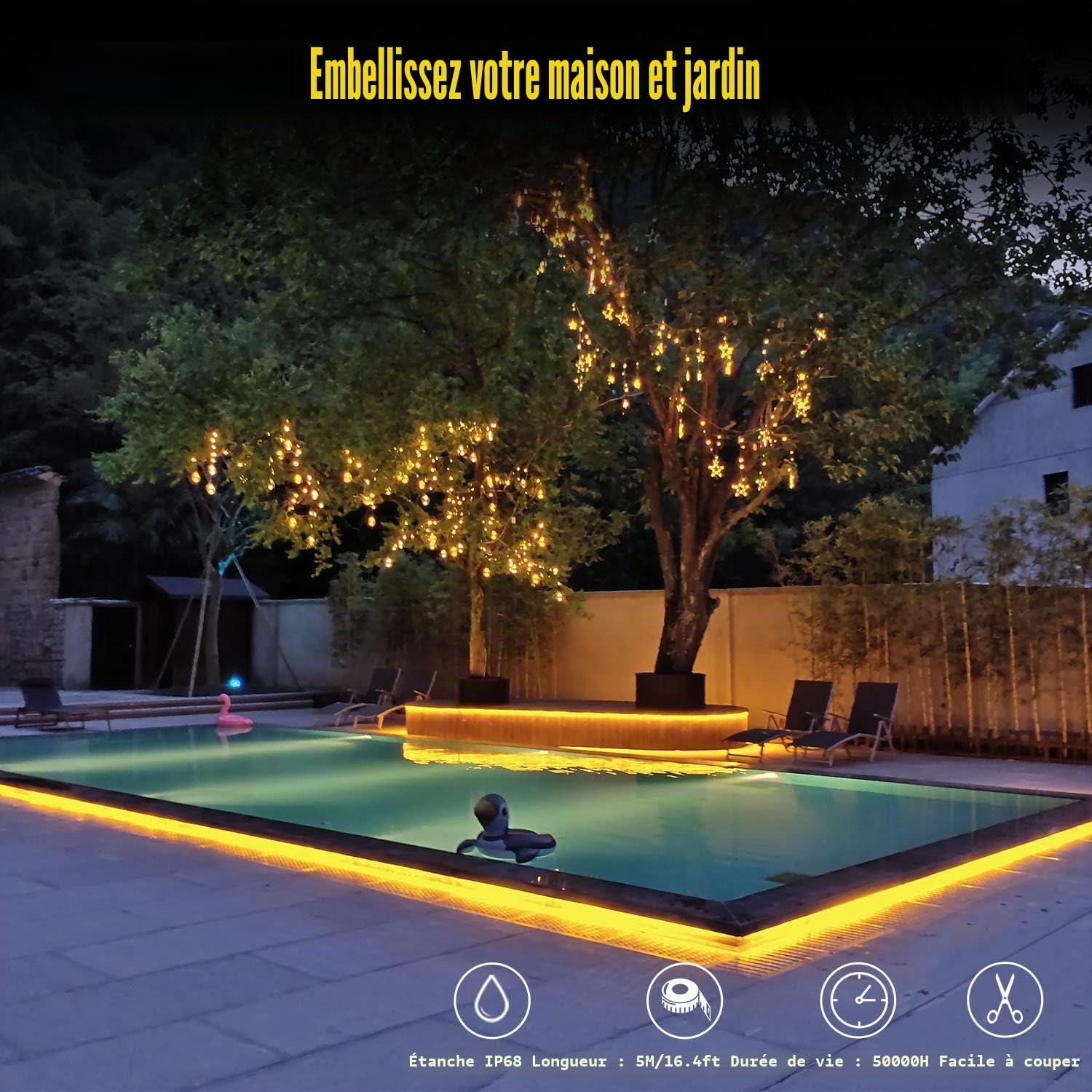 YM E-Bright LED bande lumineuse, 16.4ft / 5m 600 SMD imperméable à l'eau IP68 voiture décoration flexible moto scène mariage partie événement jardin sous-Marin extérieur intérieur, sans alimentation