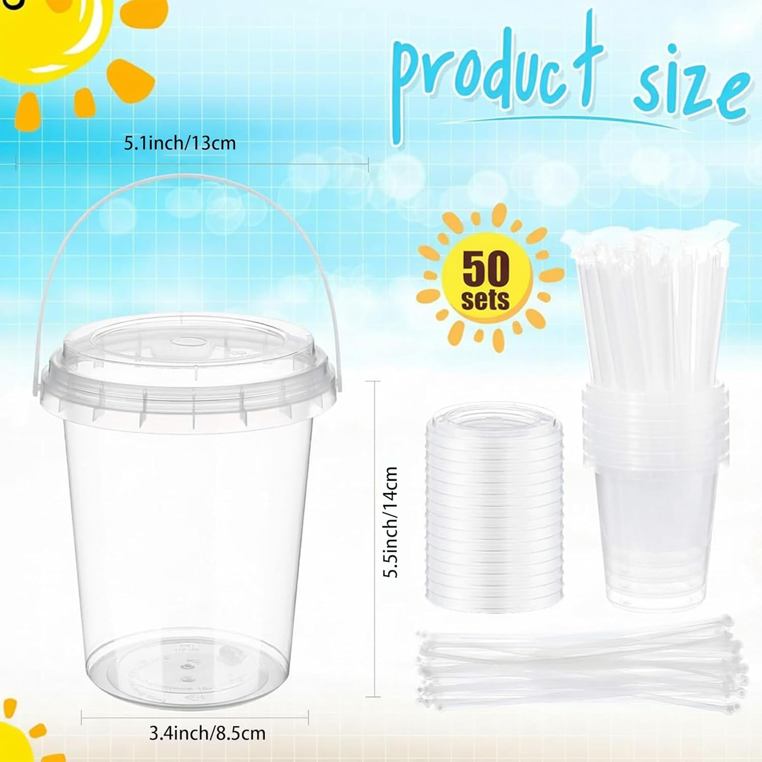 50 Sets Clear Plastic Drink Buckets 34 oz PP Pails with Lids Straws and Handles Disposable Cups for Ice Cream Outdoor Holiday Travel Beach Birthday Pool Party Supplies - Image 2