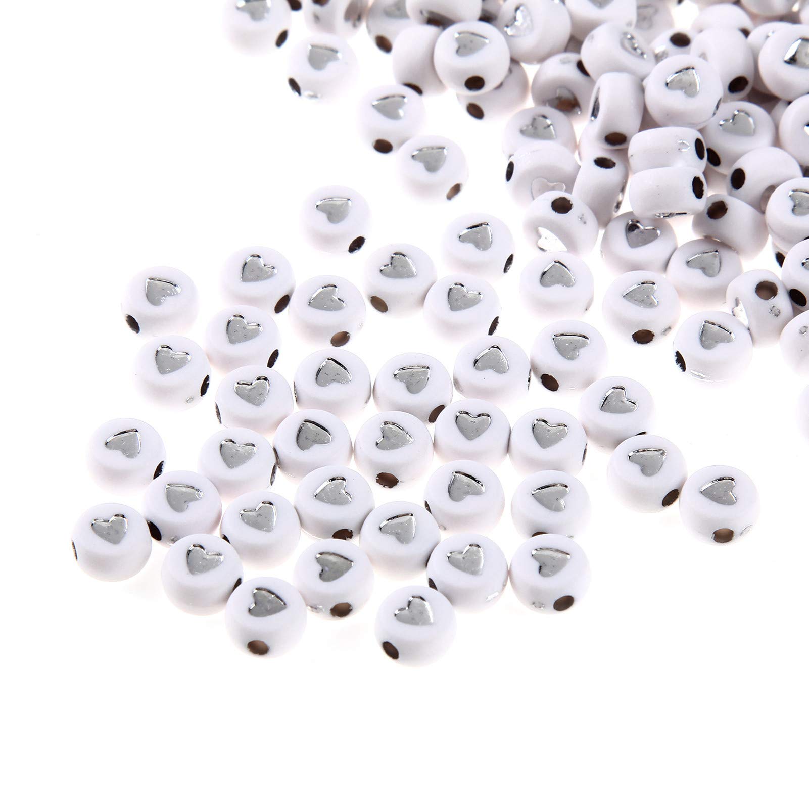 200pcs White Acrylic Heart Beads 7mm Flat Round Pony Disc Coin with Silver Enamel Heart Loose Spacer Beads for DIY Bracelet Jewelry Making