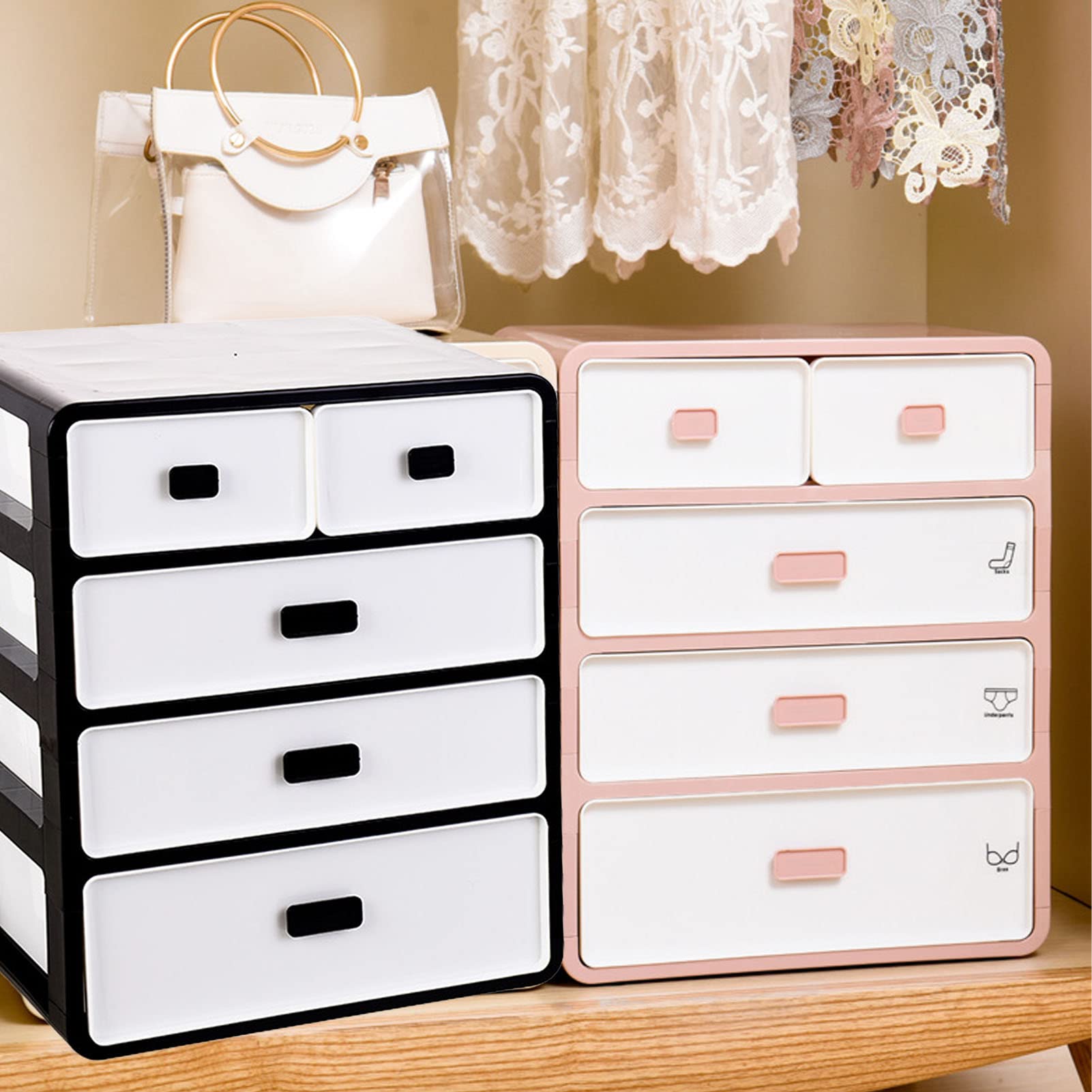 Fockety Armoire de Rangement pour sous-vêtements Compartiment en Maille Matériau PP Réduire l'encombrement Organisateur de sous-vêtements Chaussettes de Soutien-Gorge à 4 Couches Conception de (Rose)