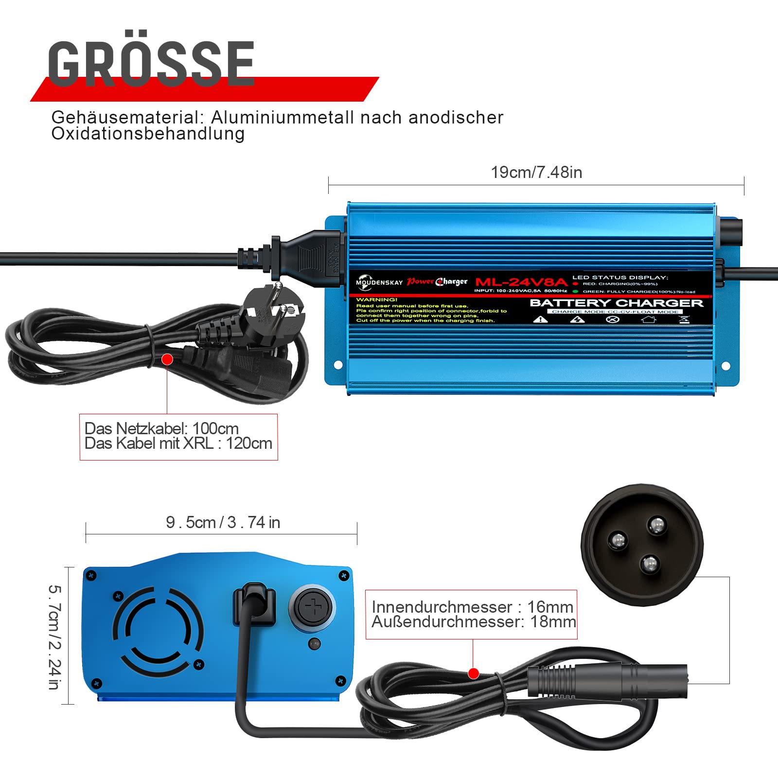 Caricabatterie automatico intelligente da 24 V, 8 Amp, con connettore XLR per scooter, sedia a rotelle, auto, moto, con interruttore