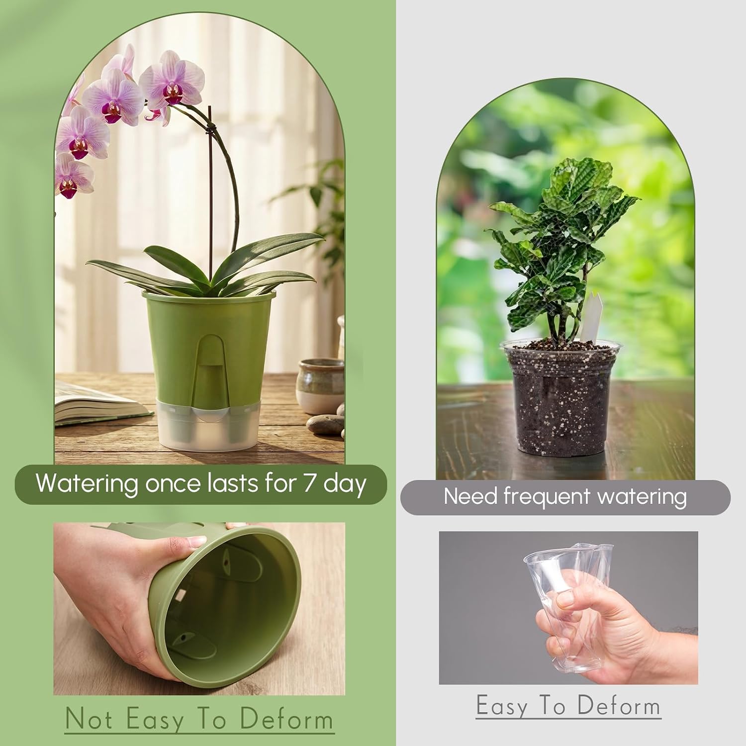 Wonderjune 6 Pcs Self Watering Plant Pots, 4.72''/ 5.91''/ 7.09'' Nursery Pots with Deep Reservoir & High Drainage Holes for Outdoor Plants and Flowers, Bare Root Planter (Green)