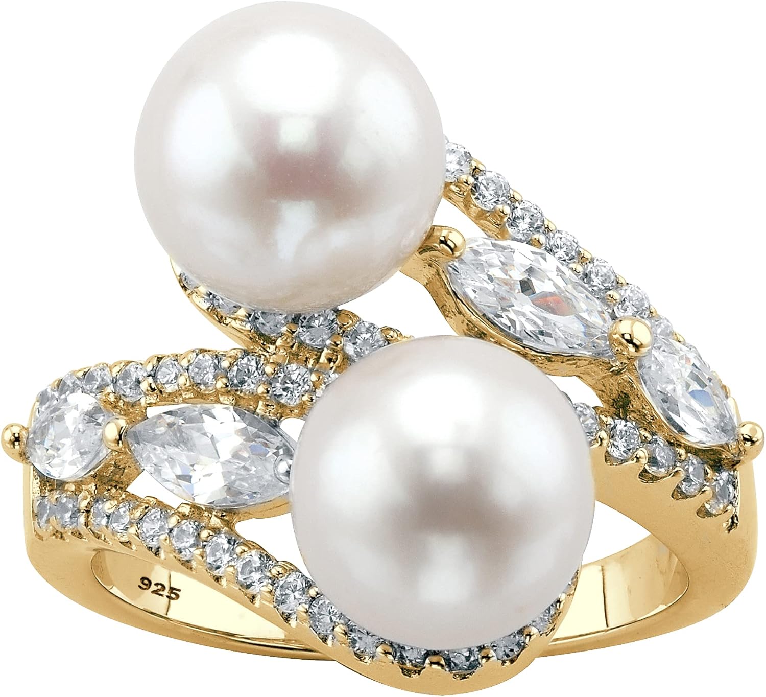 Palm Beach Jewelry 18K Yellow Gold over Sterling Silver Round Genuine Cultured Freshwater Pearl with Marquise Cubic Zirconia Bypass Ring