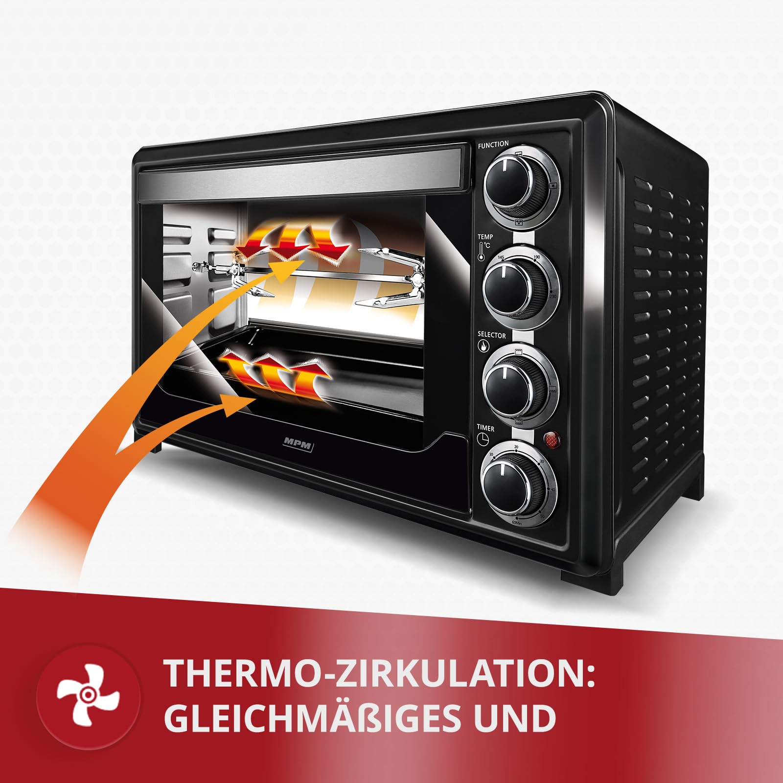 MPM MPE-05/T Forno a Convezione 32 Litri, Girarrosto per Polli Acciaio Inossidabile, Porta a Doppio Vetro, 5 Modalità di Calore, Timer, Regolazione della Temperatura, Nero, 1600W