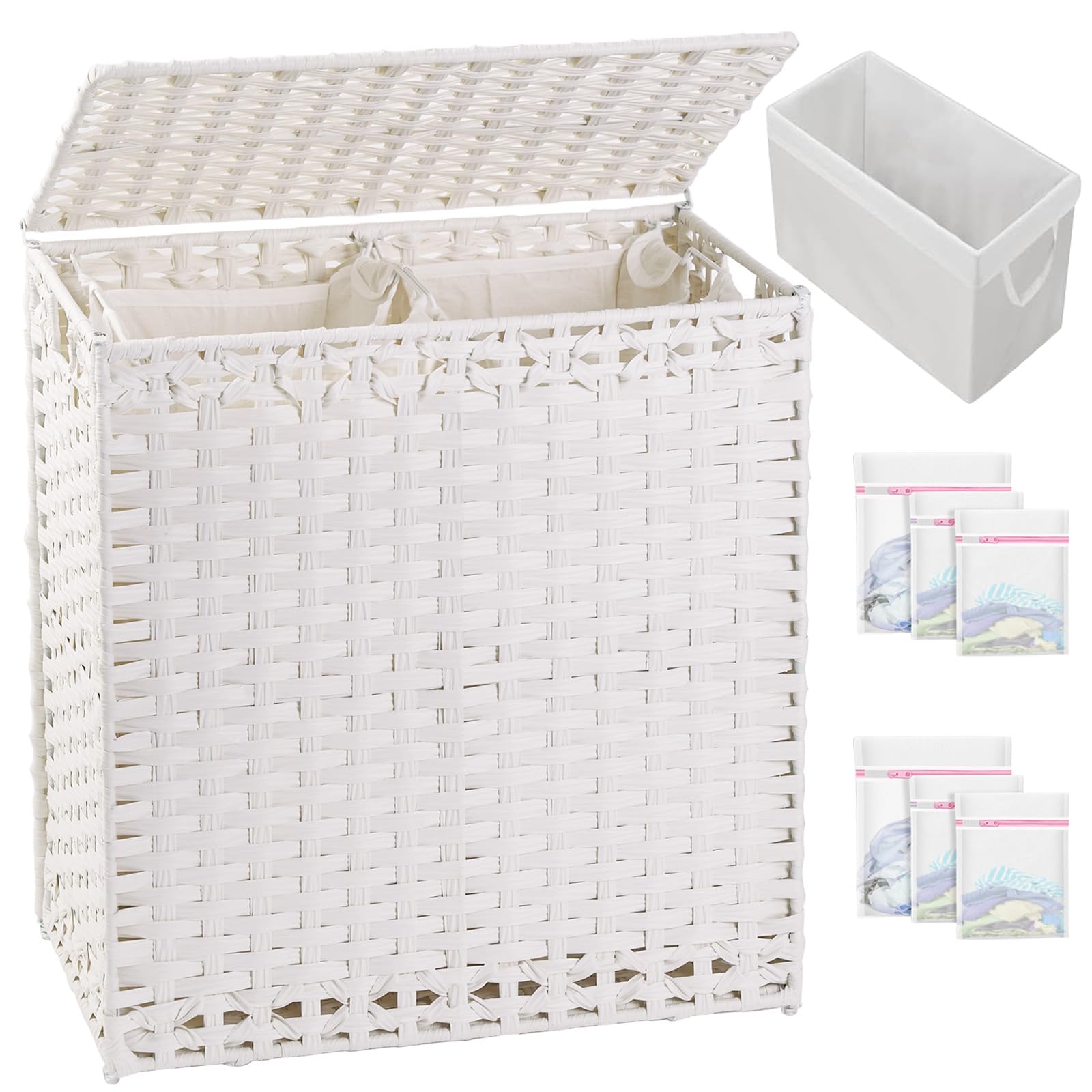 Laundry Hamper with Lid Wicker Laundry Basket 112 L (29.6 Gal) Laundry Hampers Handwoven Rattan Clothes Hamper with Handles 3 Removable Liner Bag, 6 Mesh Bags for Bathroom Bedroom White
