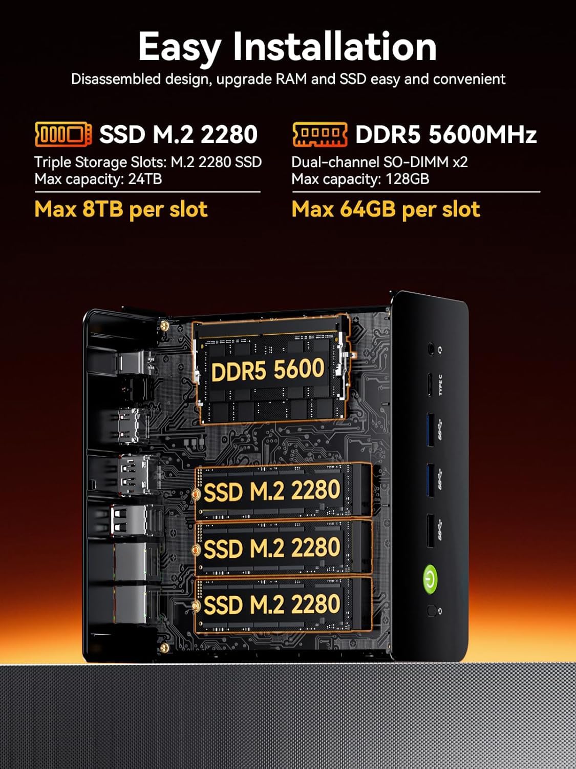 GMKtec K12 Ryzen 7 Mini PC Gaming Oculink AMD R7 H 255 (Mejorado 8745HS) 32GB DDR5 RAM 1TB SSD, Mini Ordenador Expansión de Almacenamiento 3X M.2 2280,Doble Nic 2.5G/HDMI 2.1/USB4