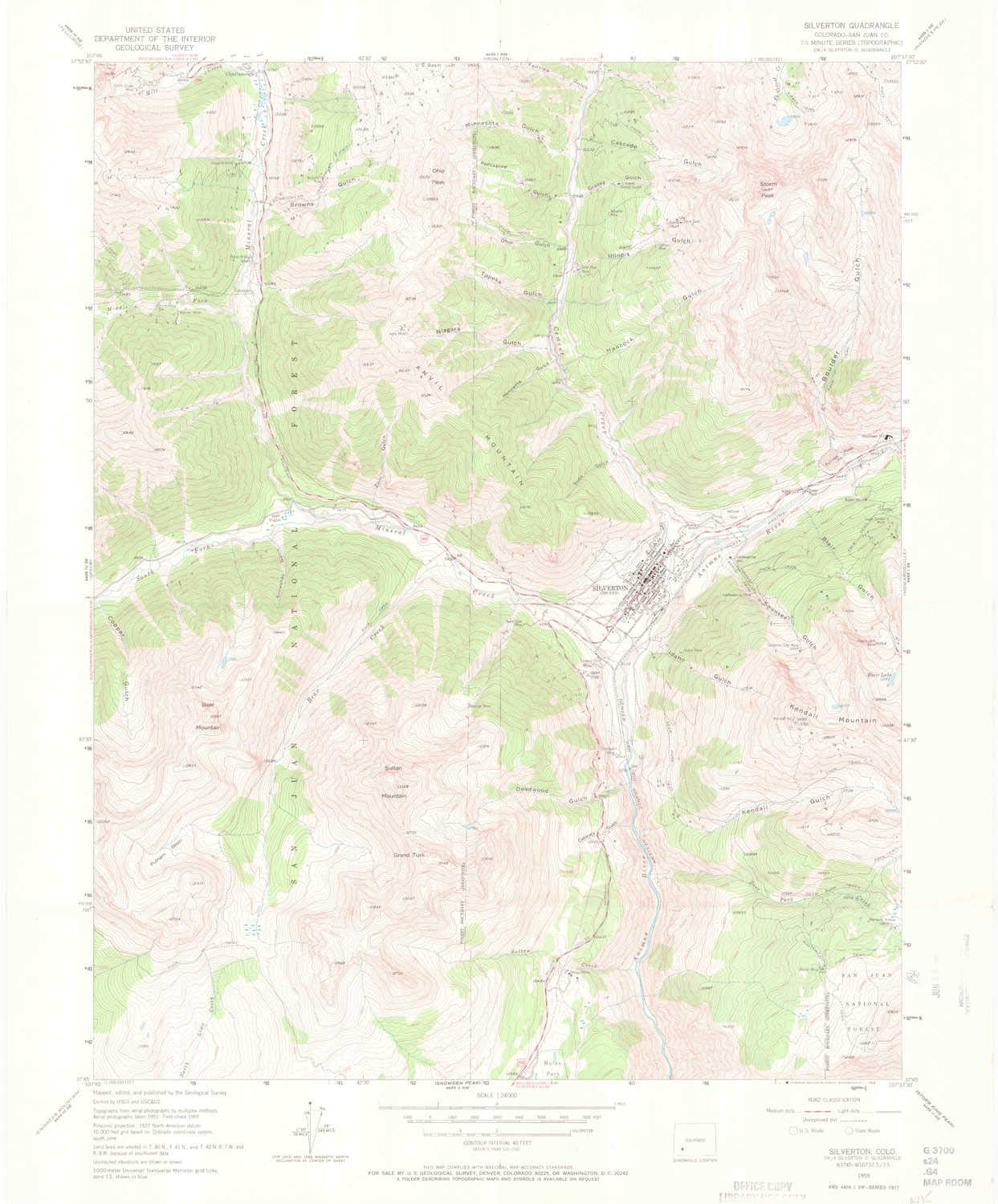 YellowMaps Silverton CO topo map, 1:24000 Scale, 7.5 X 7.5 Minute, Historical, 1955, Updated 1969, 26.9 x 22.3 in - Tyvek