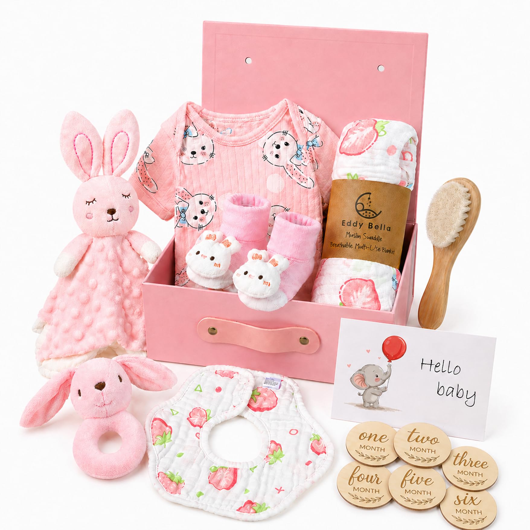 Regalo per neonati – Set regalo per bebé da 15 pezzi Include copertina, body, bavetta, massaggiagengive, spazzola in legno, carte traguardo, calzini e scatola dei ricordi. (Rosa)