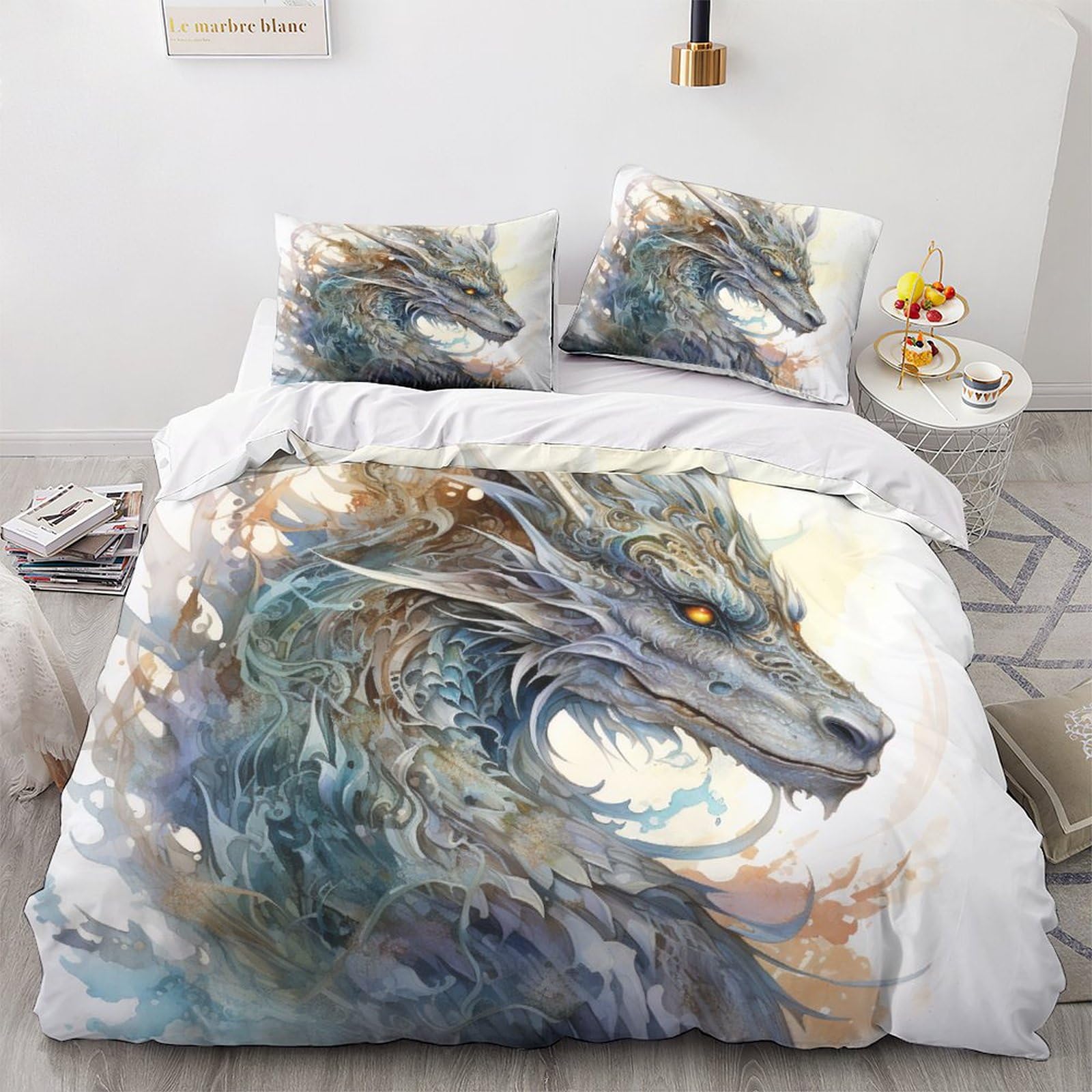 Geeyou Dragon Breathable Bedding Set Hidden Zipper King Duvet Cover Set With Pillowcases Quilt Cover Set Soft Microfiber Comforter Cover For Various Sizes Beds King（220X240cm）