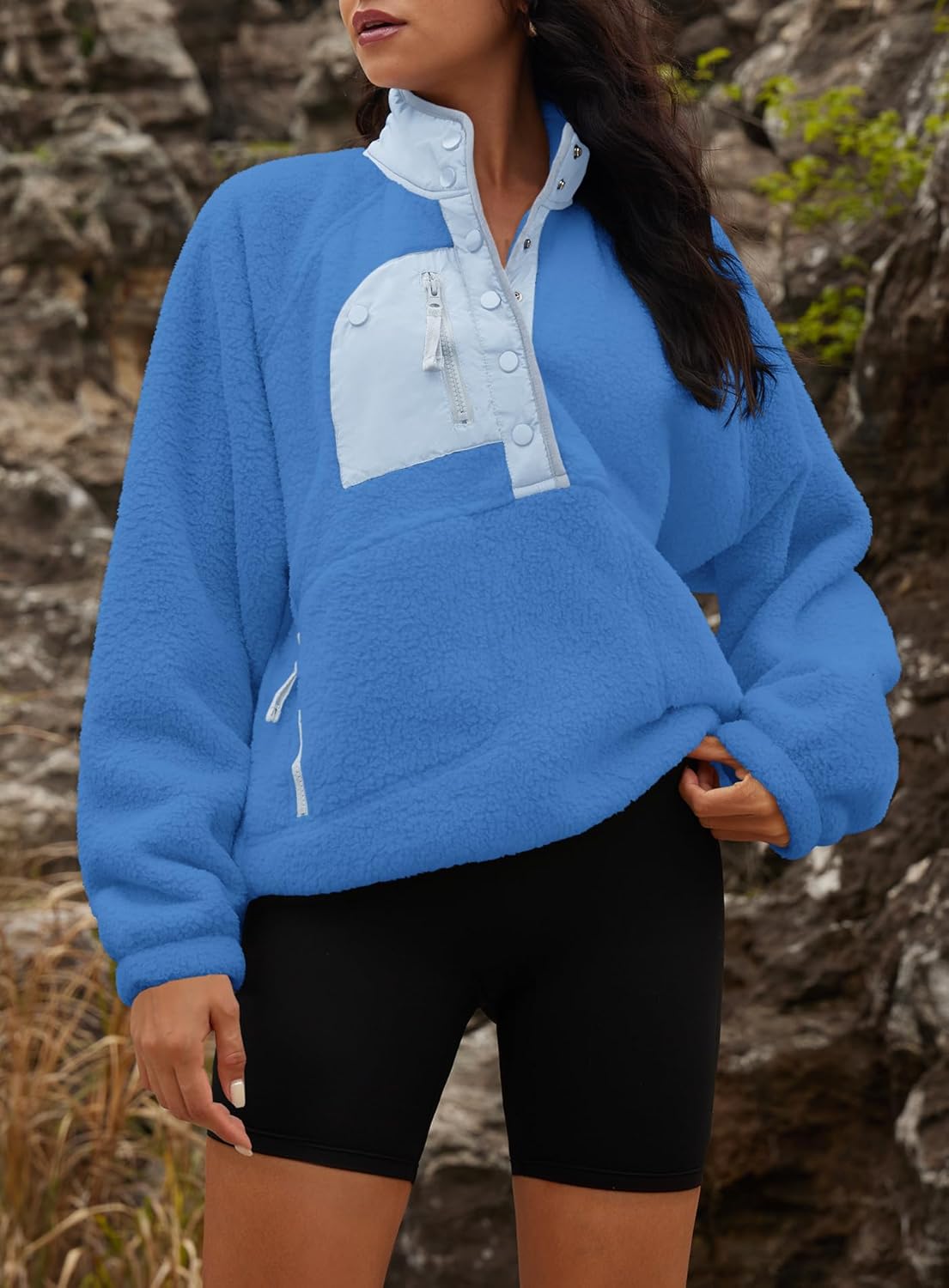 Yanekop Womens Fuzzy Fleece Pullover Sherpa Sweatshirt Long Sleeve Button Down Sweater Winter Fleece Jacket with Pockets - Image 3