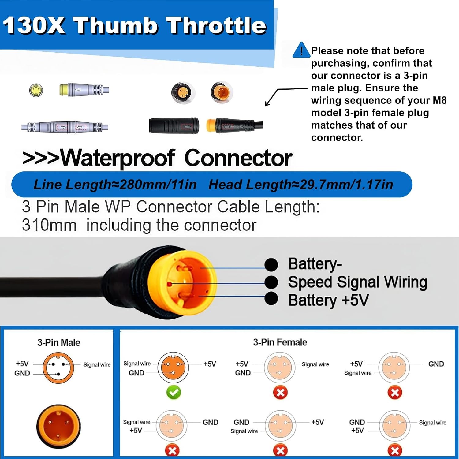 Upgraded Ebike Thumb Throttle 130X,Waterproof 3-Pin Connector for 12V-72V Ebike Throttle,Left/Right Universal Fit 22.2mm Handlebar,Speed Control Accelerator for Electric Bike Scooter Conversion