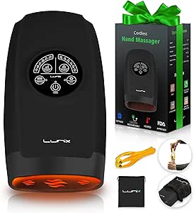 Lunix LX3 Cordless Electric Hand Massager with Compression, 6 Levels Pressure Point Therapy Massager for Arthritis, Pain Relief, Carpal Tunnel and Finger Numbness, Shiatsu Massage Machine with Heat