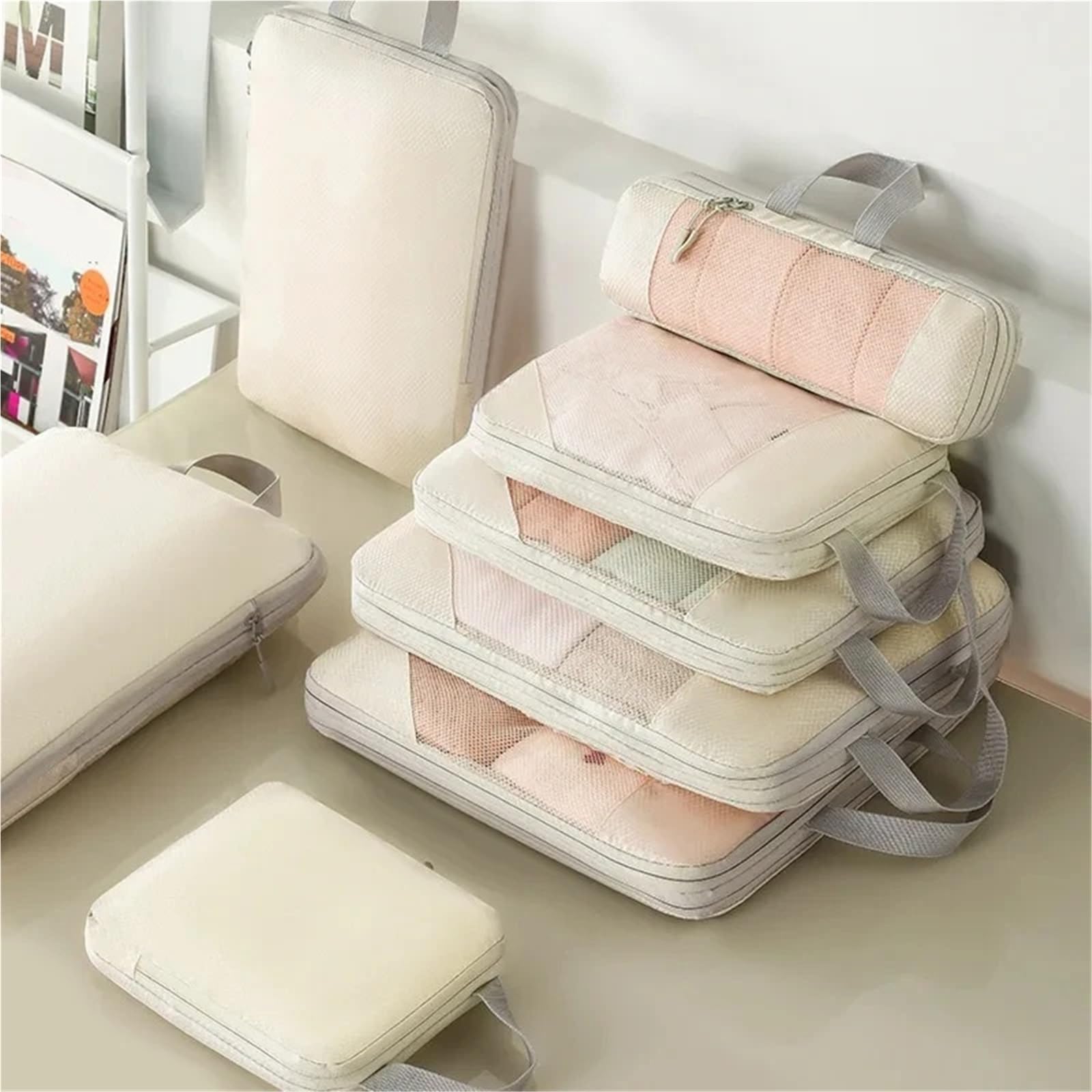 Set di organizer da viaggio, borsa portaoggetti grande capacità, a rete comprimibile, cubi for l'imballaggio biancheria intima e bagagli Organizer per valigie(5pcs-Gray)
