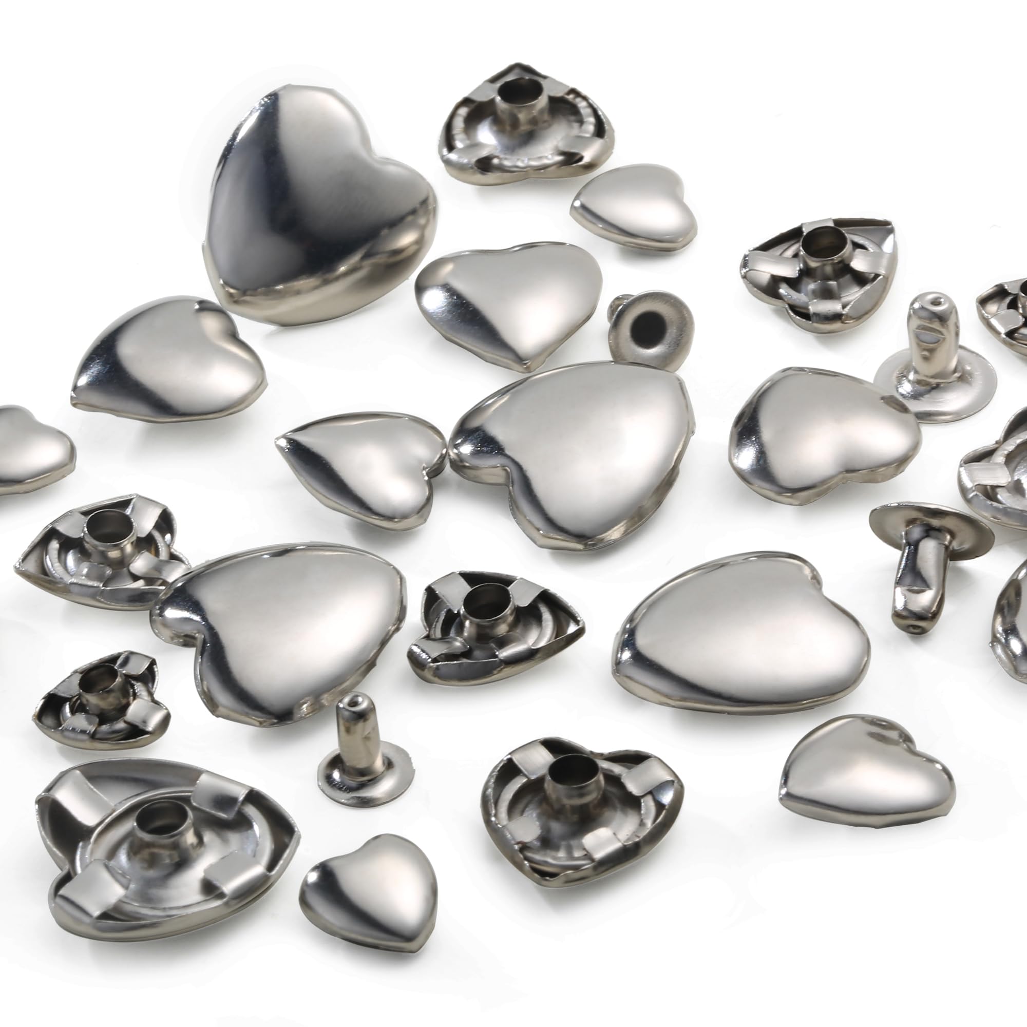 YORANYO Kit de 150 remaches de cuero de tamaños mixtos para tachuelas de corazón de cuero para ropa, remaches plateados de tela con herramienta de remache de cuero para manualidades de cuero para