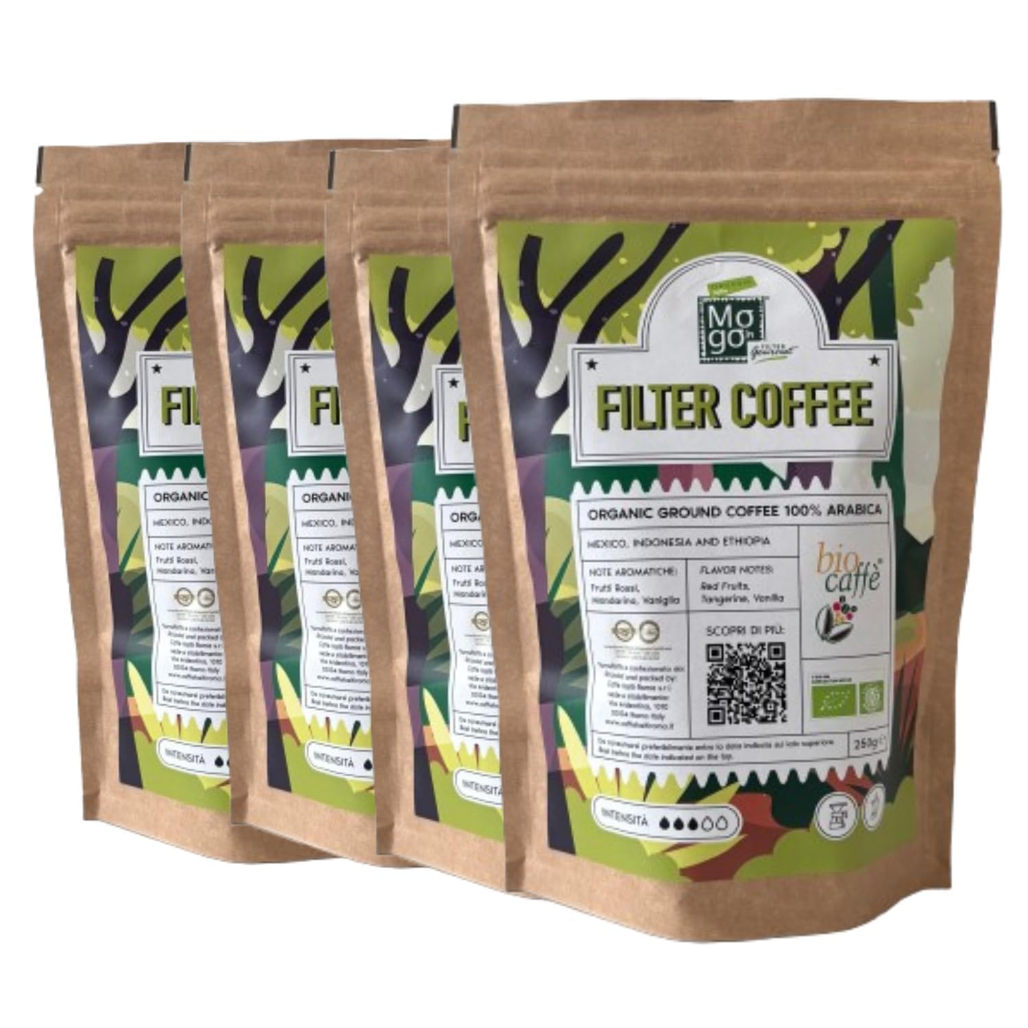 Caffè Haiti Roma Biocaffè Mogoh Filter Gourmet: café de filtro 100% arábica ecológico, molido, 4 x 250 g, para café de goteo, café americano y cafetera de émbolo