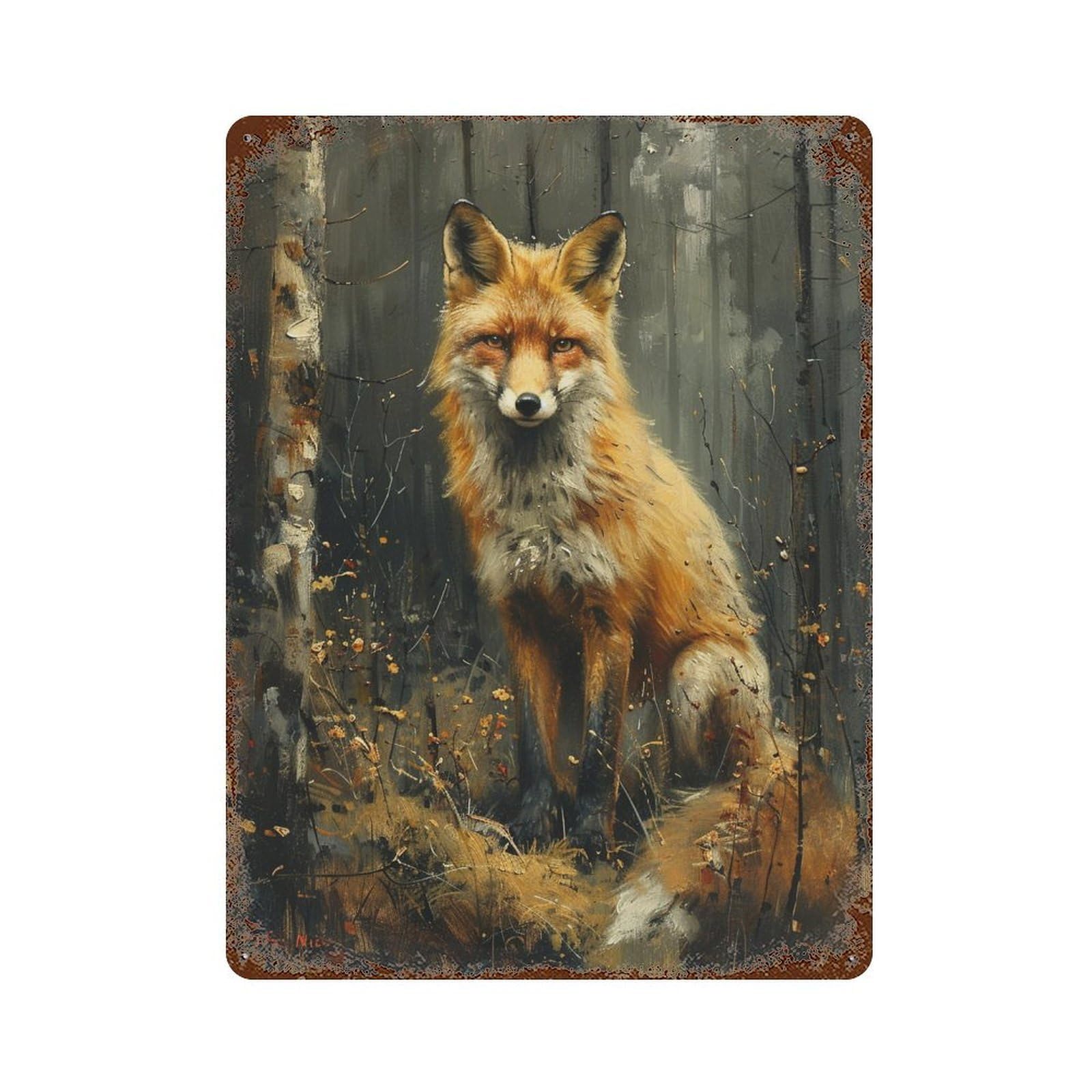 Fox in Forest Painting Decorative Tin Sign 15.7"x11.8", for Garage, Bar And Workshop Decor, Novelty Wall Decor