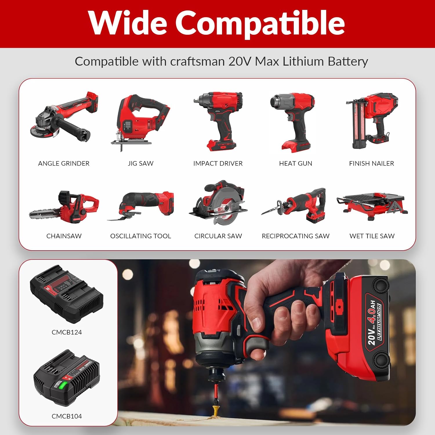 Amityke Replacement for Craftsman 20V Battery 1Pack 4.0Ah V20 Battery& Charger Kit -Compatible with CMCB202, CMCB204, CMCB206, CMCB201, CMCB100, CMCB1 - Image 5