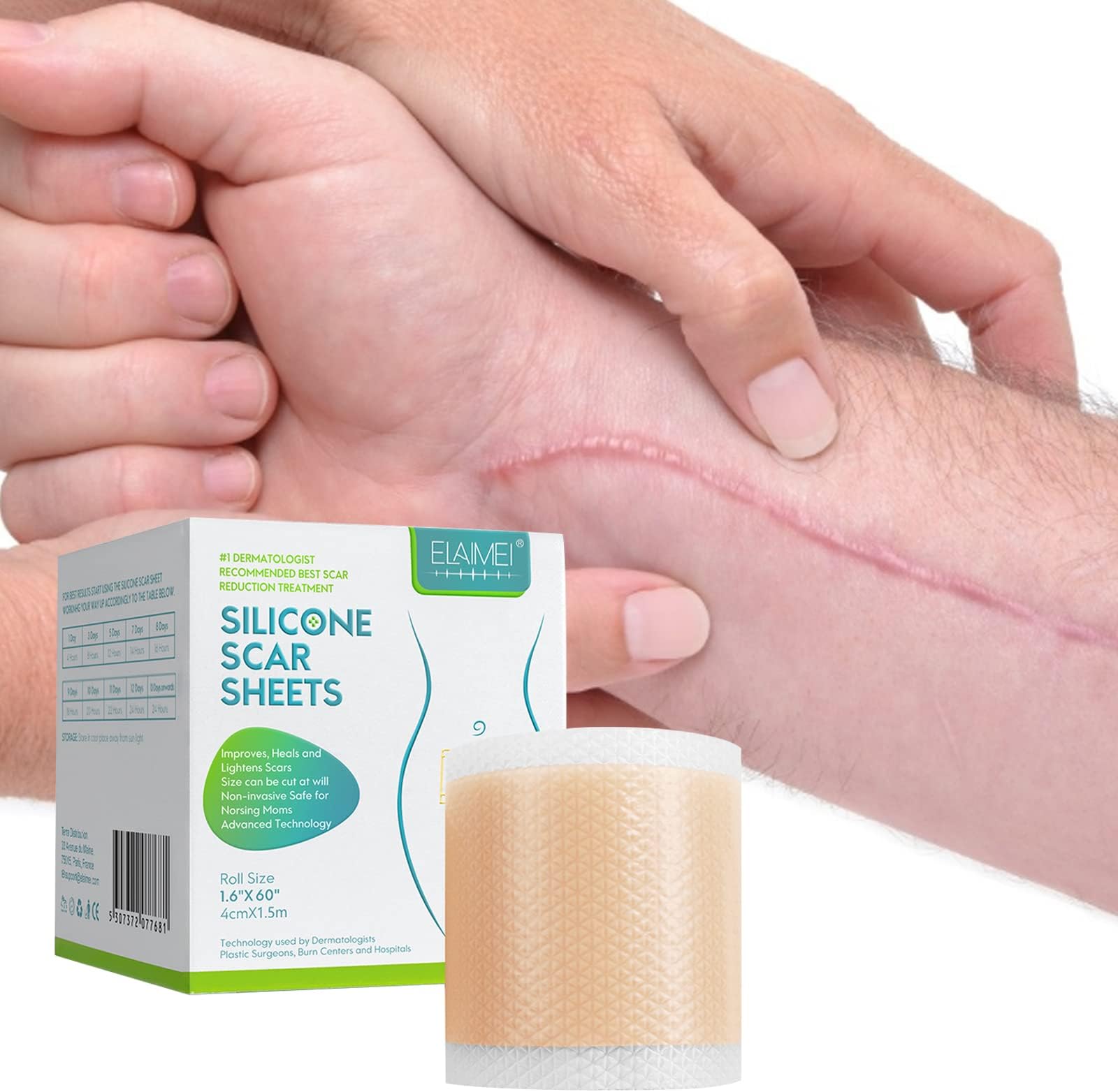 Silicone Scar Sheets (1.6” x 60”Roll-1.5M), Silicone Scar Tape Roll, Scar Silicone Strips, Reusable, Professional Scar Removal Sheets for C-Section