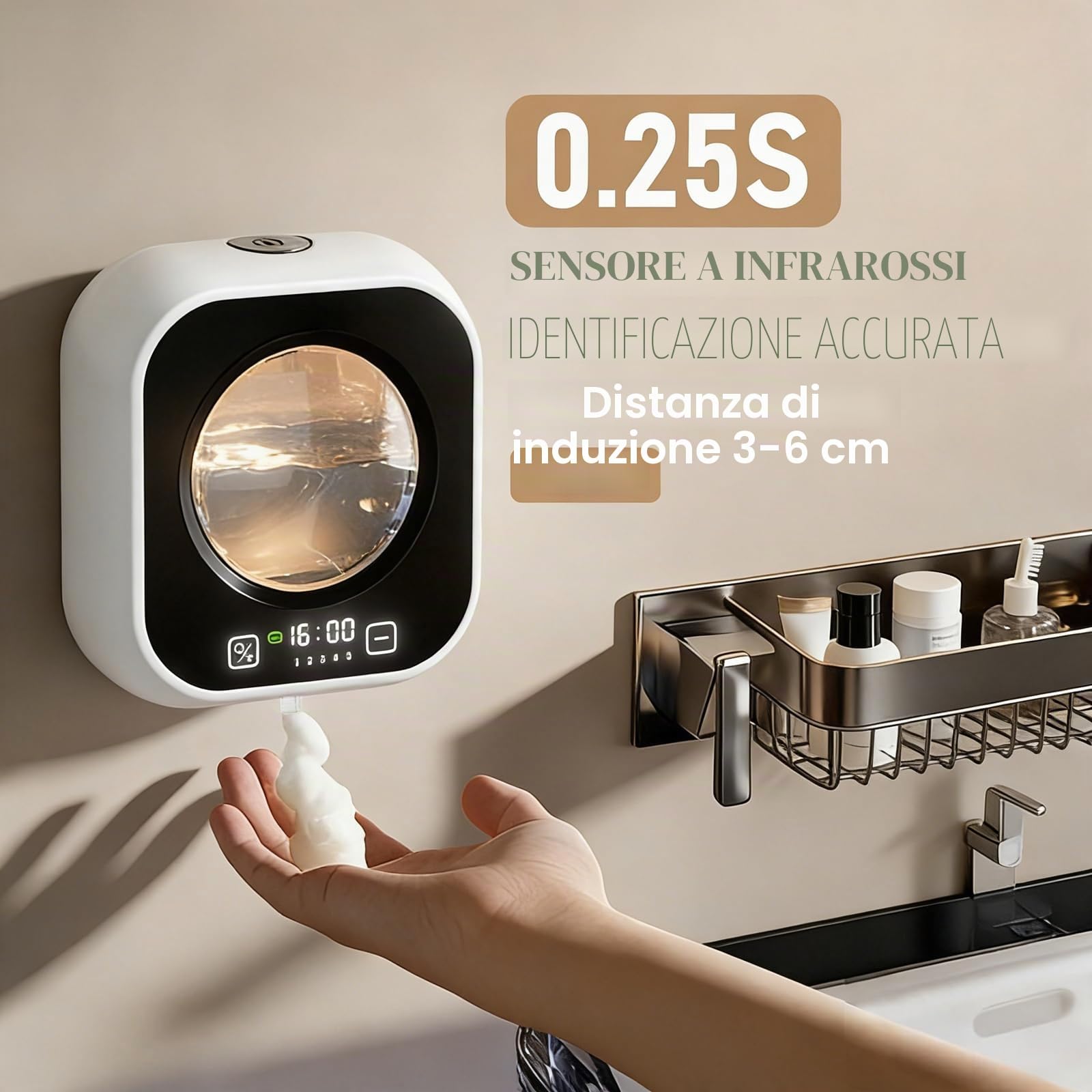 Dispenser Sapone Bagno a Muro, 320 ML Dispenser Sapone Automatico Schiuma Con Sensore Infrarossi, Ricarica USB Regolabile Livello 5, per Bagno, Cucina e Ufficio bianco (Bianco)