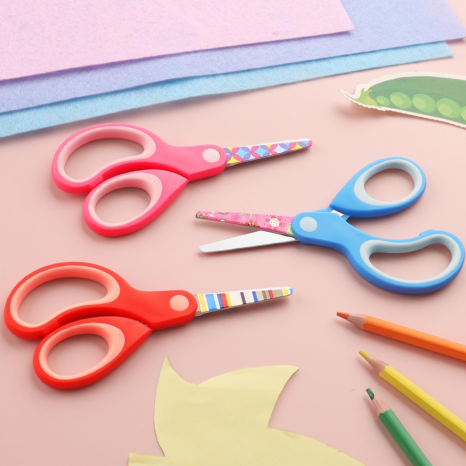 Tijeras para zurdos, tijeras de seguridad para niños, cuchillas de acero inoxidable, empuñaduras suaves, para uso con niños de 3 años en adelante, rosa, azul, rojo, paquete de 3 pares