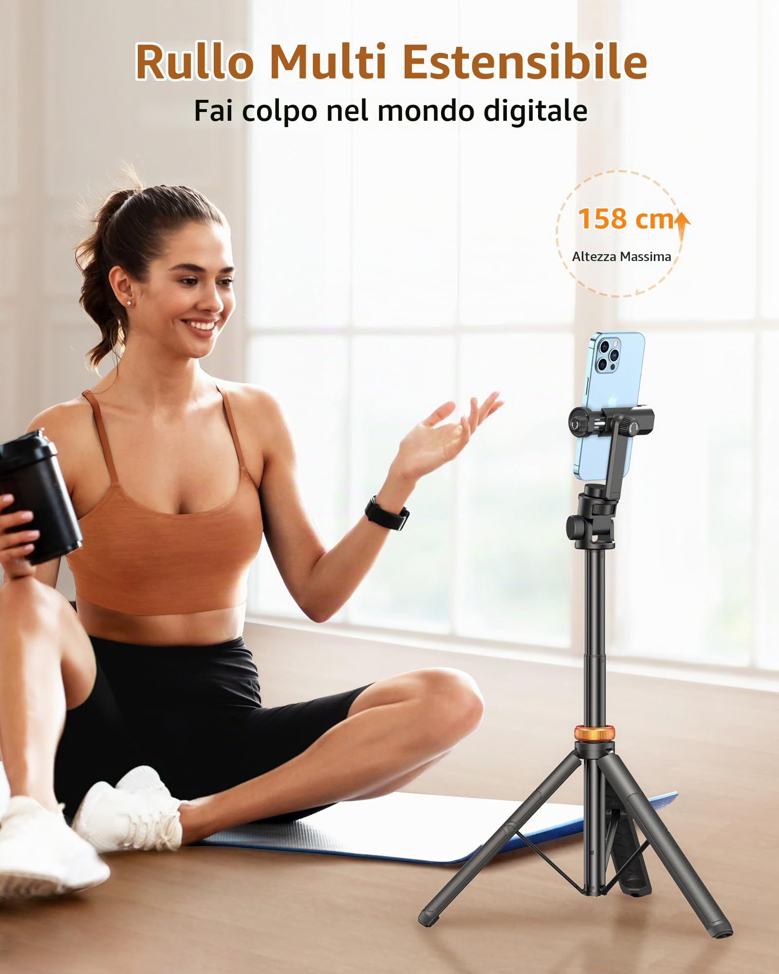 eucos Treppiede per cellulare per smartphone e bastone per selfie con telecomando, 158 cm, componenti strutturali e segmento estensibile, estensibile, girevole, per iPhone/Android