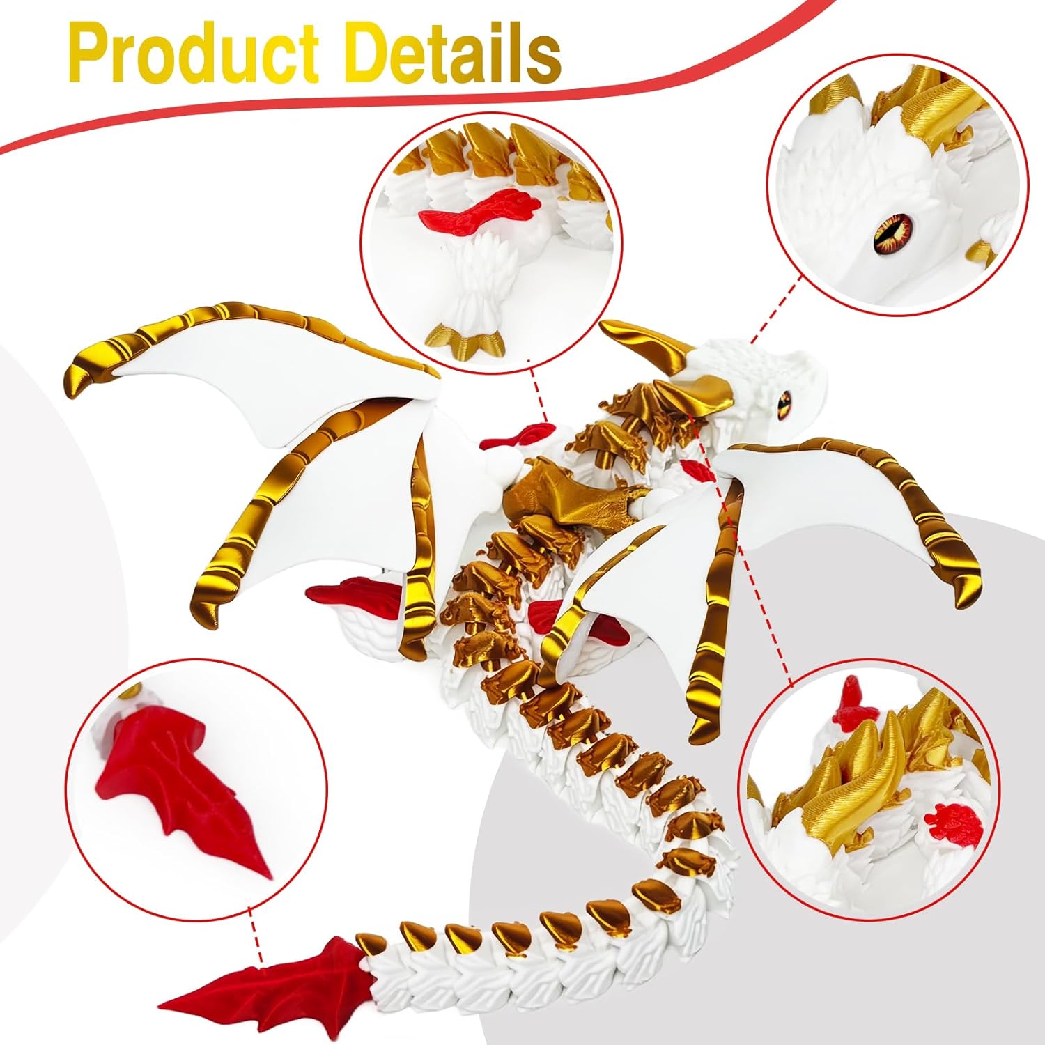LNANTCZ 3D Printed Dragon with Wings, 16.9 Inches Large Articulated Dragon Fidget Toy, 3D Printed Animals Toys, Flexible Crystal Dragon Model, Desktop Pet Home Office Decor Gift(White-Gold-Red)