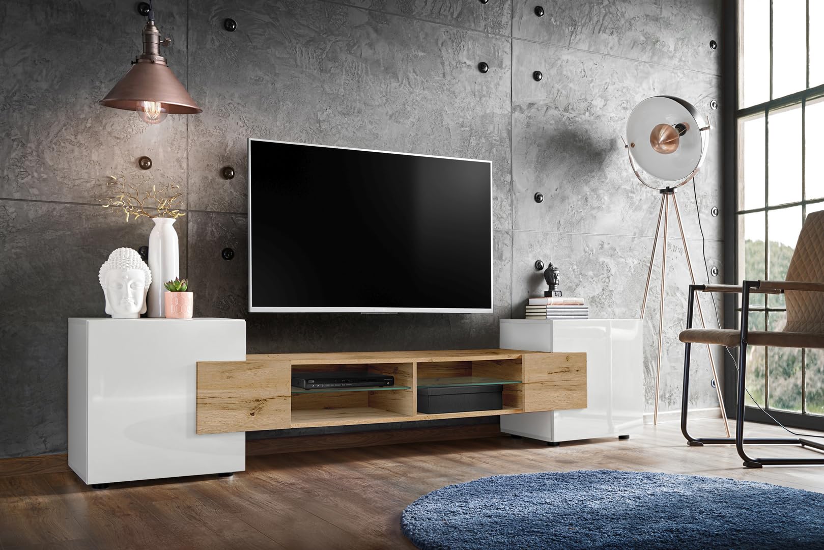 Komodee, Merano Bank TV Schrank, Breite 230 cm x Höhe 52,5 cm x Tiefe 35 cm, für Wohnzimmer, Schlafzimmer