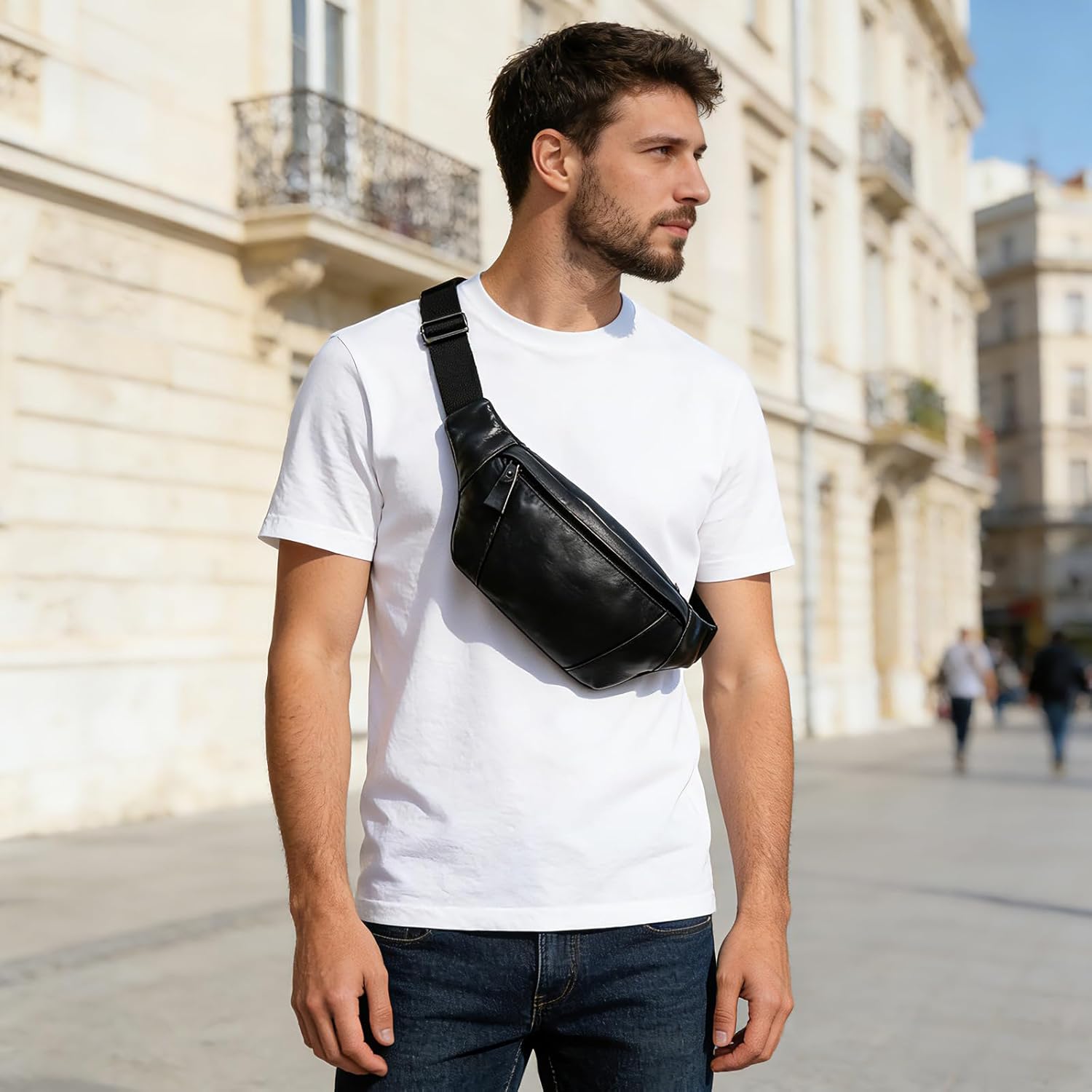 Genuine Leather Slim Waist Pack for Man & Woman, Vintage Design & 4 Zipper Pockets & Adjustable Strap, Large Capacity Fanny Pack Crossbody Belt Bag for Travel or Ride, 1034 Black - Image 5