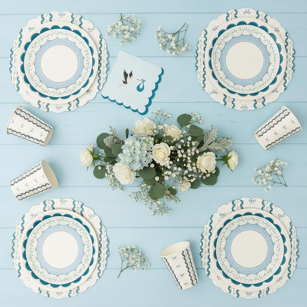 Blue Stork Baby Shower Napkins 16 Pack – It's a Boy Blue Scalloped Cocktail Napkins 5x5 In Disposable 3-Ply Gender Reveal Sip and See Baby Sprinkle Baptism Christening Party Supplies image 3
