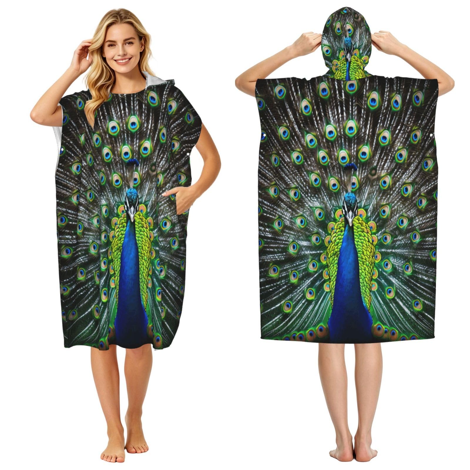Peacock Displaying Its Tail Adult Hooded Beach Poncho Towel 43"X35"