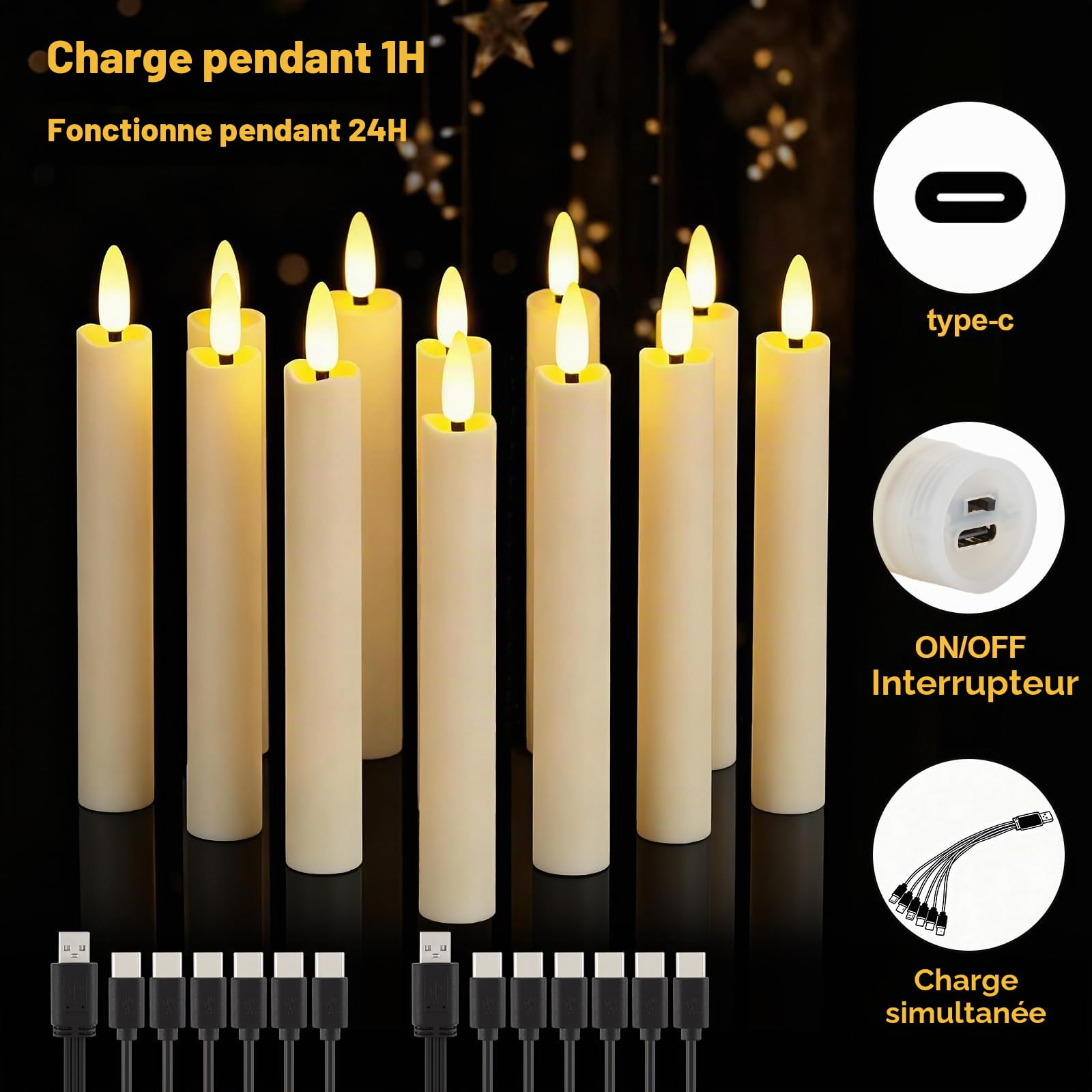 IMAGE Lot de 12 bougies coniques sans flamme avec télécommande, mèche 3D rechargeable, couleur ivoire avec minuterie, ligne de pêche de 100 m, décoration d'intérieur, mariage, anniversaire, Noël