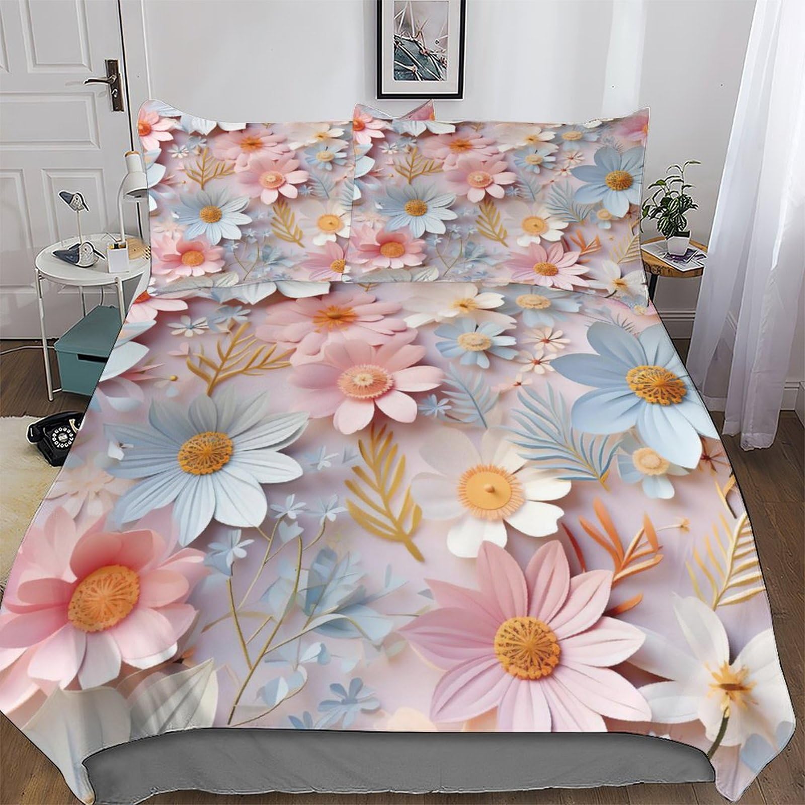 Housse de couette 220x240 anti-plis en microfibre douce motif fleur sans repassage