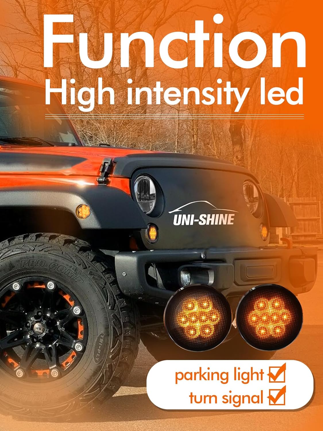 UNI-SHINE Turn Signal Lights Smoke Lens Amber Led Front Grill Indicator Parking Lights Compatible with Jeep Wrangler JK JKU 2007-2017,3500K Blinker