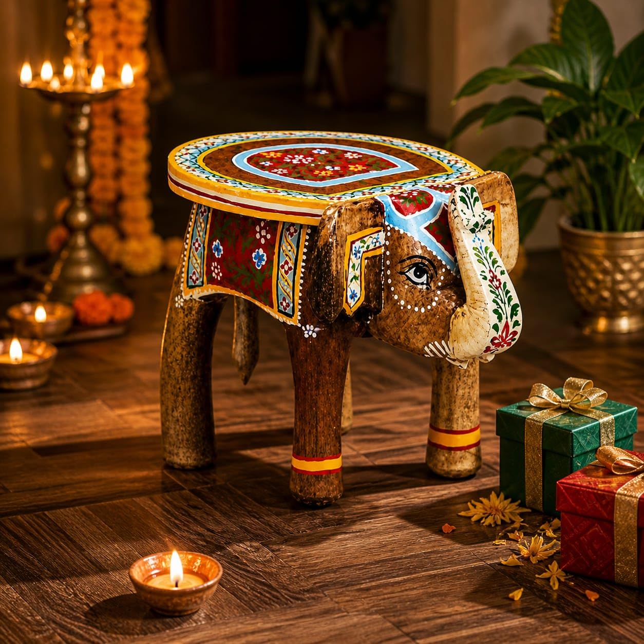 Hand-Crafted Wooden Elephant Stool, Emboss Painted, Multicoloured, (8 * 11 * 8INCH) (Style 2)-picture-22