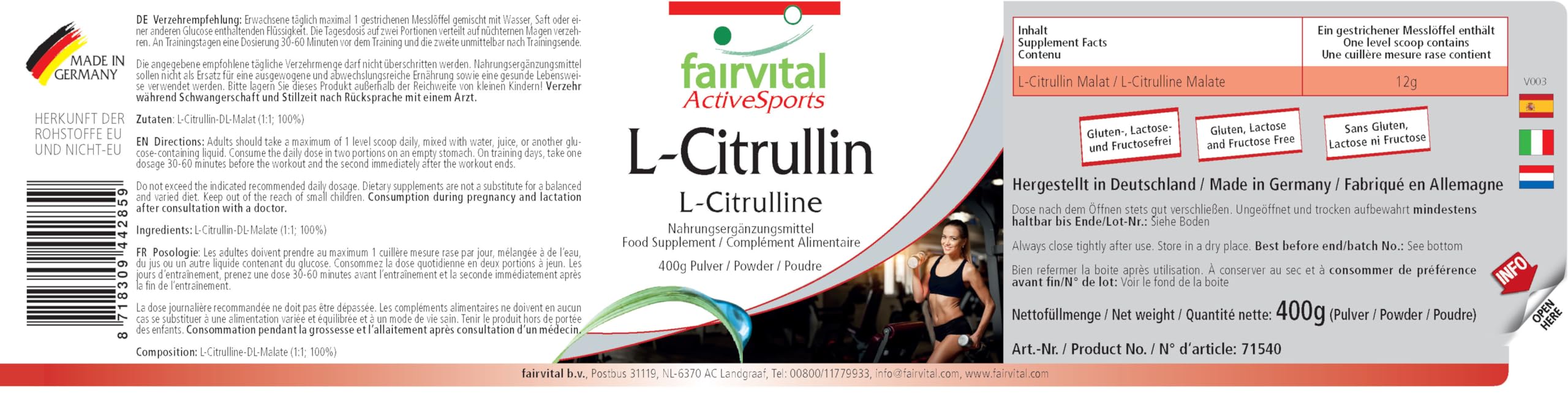 fairvital L-citrulline malate en poudre, 400 g, HAUTEMENT DOSÉE, L-citrulline DL-malate, 100% pure sans additifs