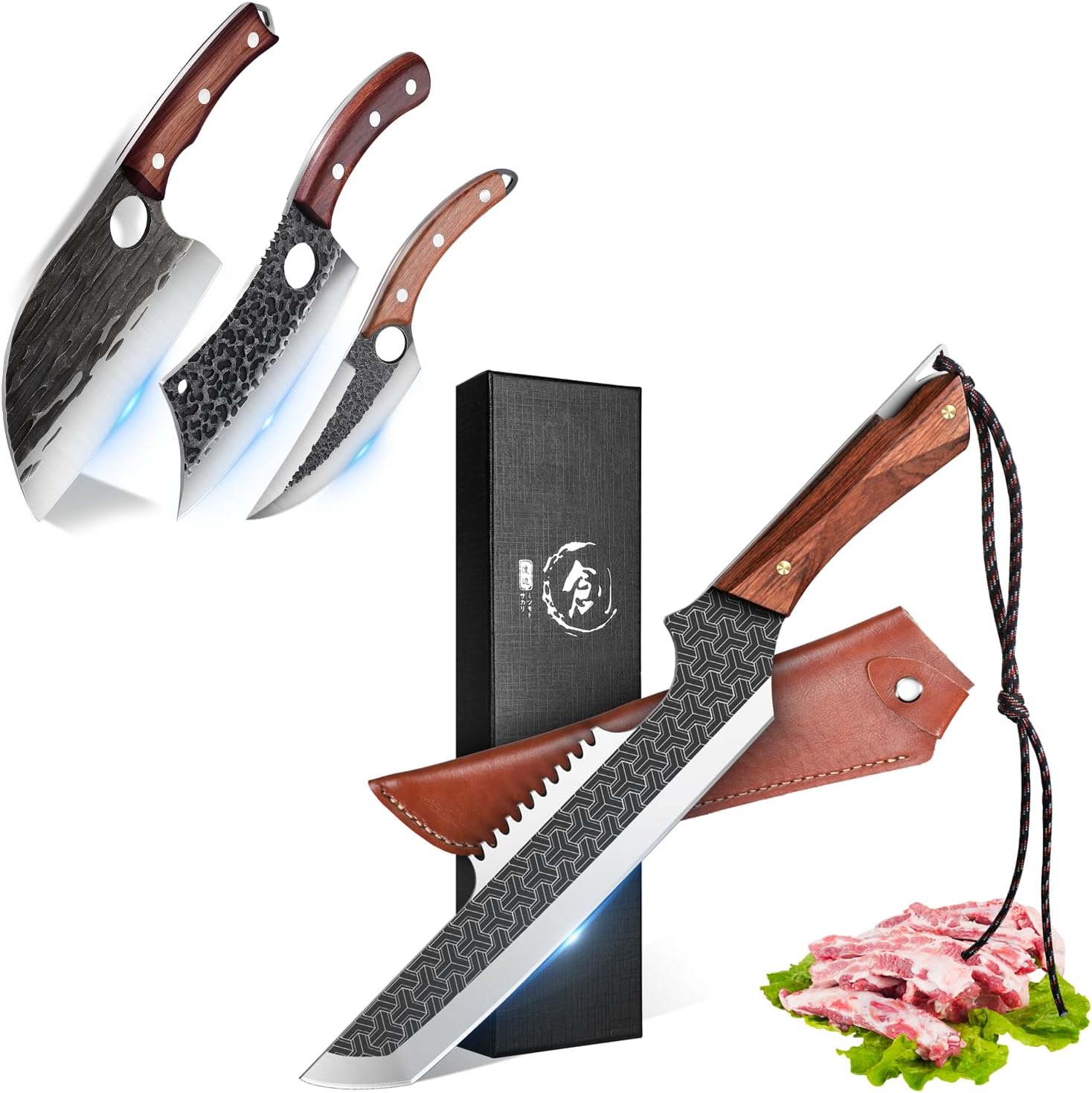 ROCOCO The 8.8'' Boning Knife Bundle with 3PCS Butcher Cleaver Knife Set for Cutting Ribs Roasts Fruits Veggies Multipurpose Kitchen Knives for BBQ Birthday Thanksgiving Christmas Gift Ideal Men