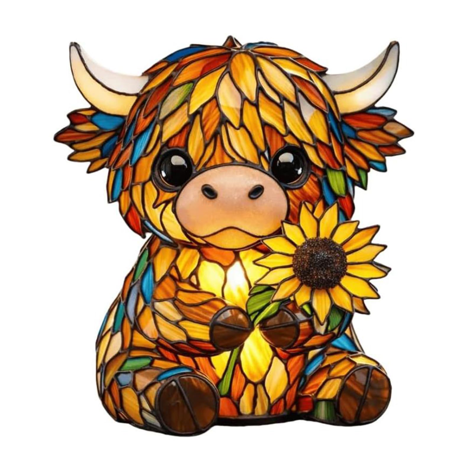 Highland Cow Sunflower 3D LED Night Light, Stained Glass Resin Table Lamp, USB Handcrafted Animal Lamp for Bedroom Living Room Office Decor, Gift for Cow Lovers