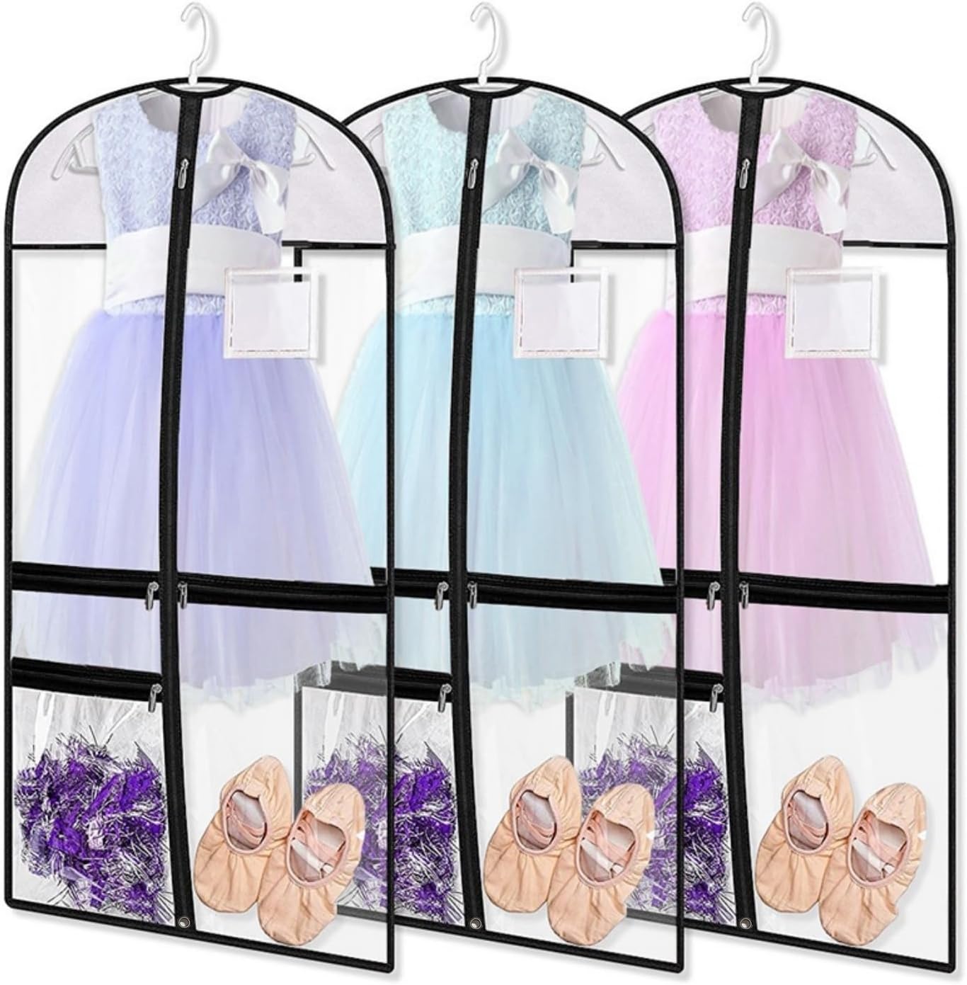 3 Pack Clear PVC Dance Costume Bags, 39 Inch Garment Bag for Dance Competitions, Kids Hanging Clothes Cover for Closet Storage with Accessories Pockets