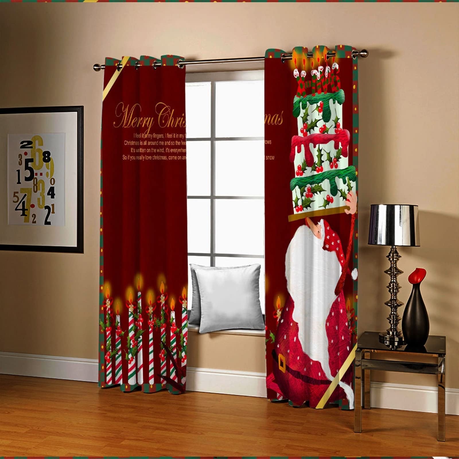 Tenda Occhielli Candele di Babbo Natale con Torta, Tenda X Finestra per Cameretta Bambini, 214x274CM