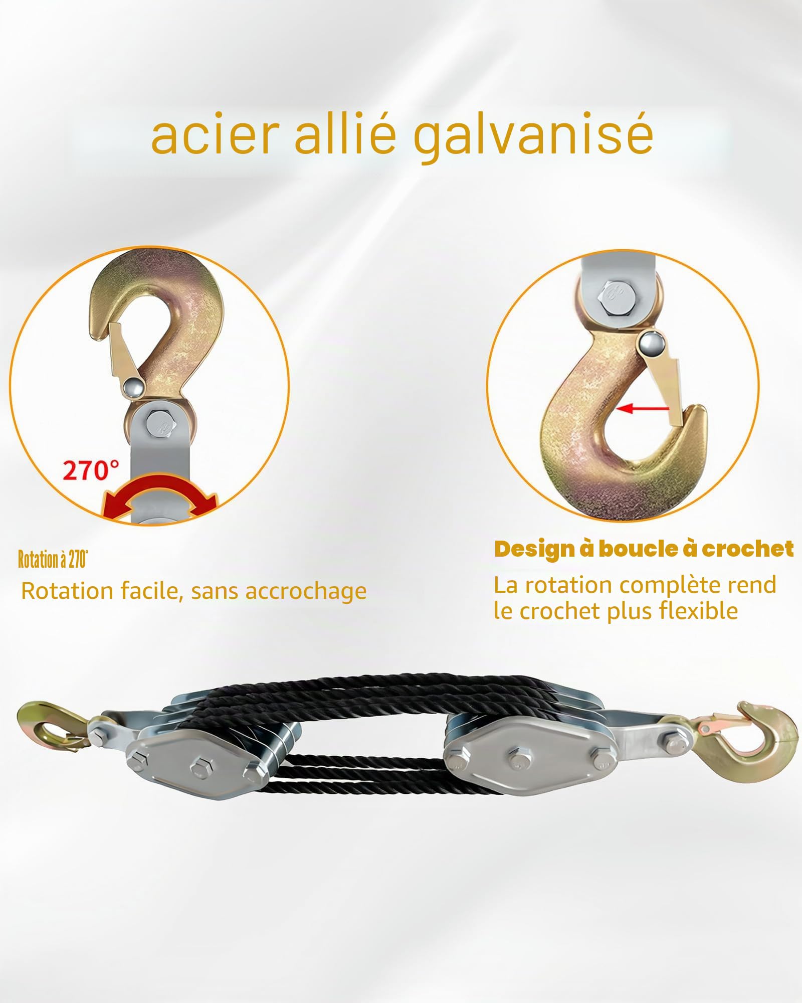 Poulie lourde avec frein à câble en nylon de 20 m : poulie de charge maximale 4400 lb Cordes de levage manuelles économiseur de main-d'œuvre Palan haute performance pour garages, entrepôts (1, argent)