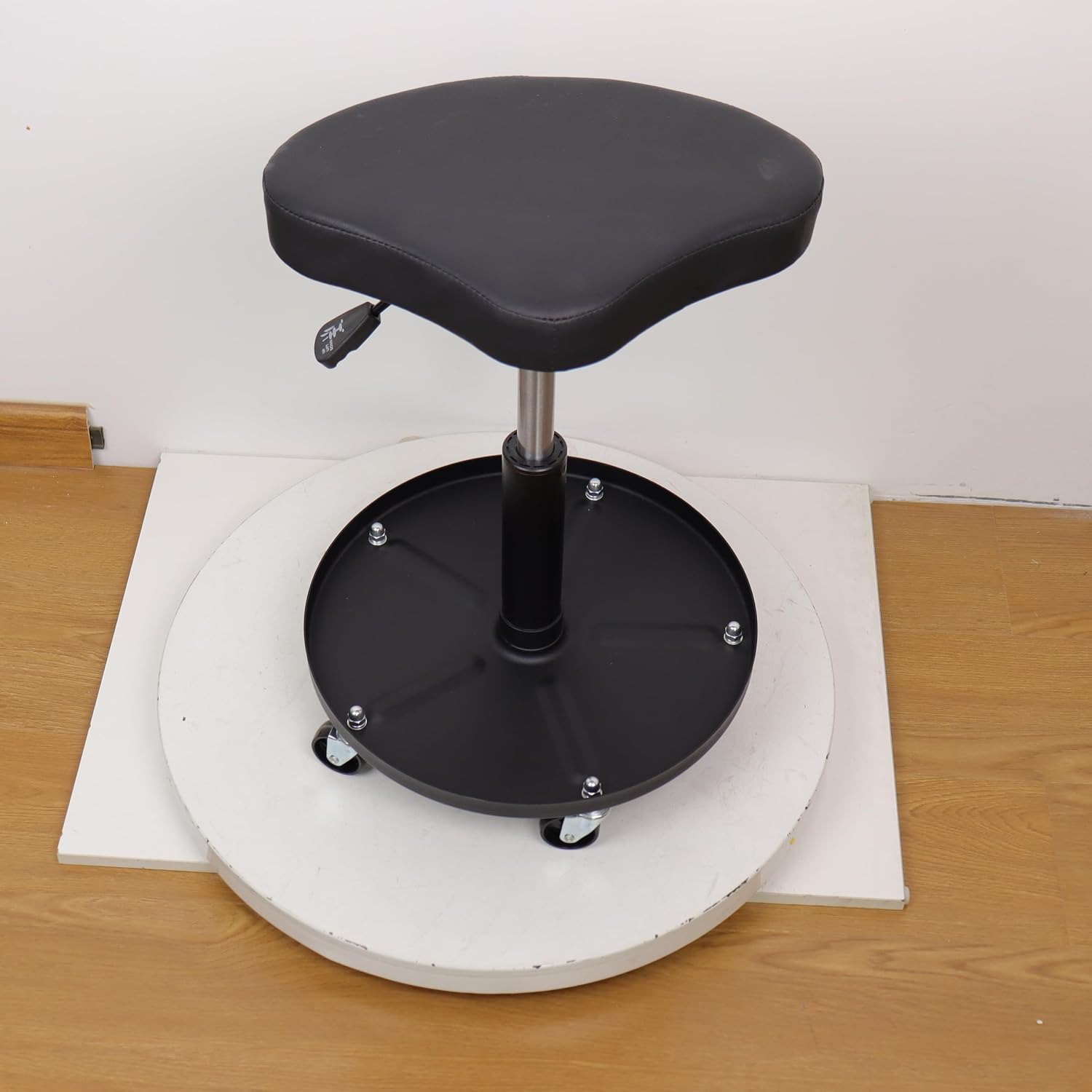 Pneumatic Rolling Mechanic Stool with Tool Tray, Black Vinyl Padded Seat, Height Adjustment, Swivel Casters