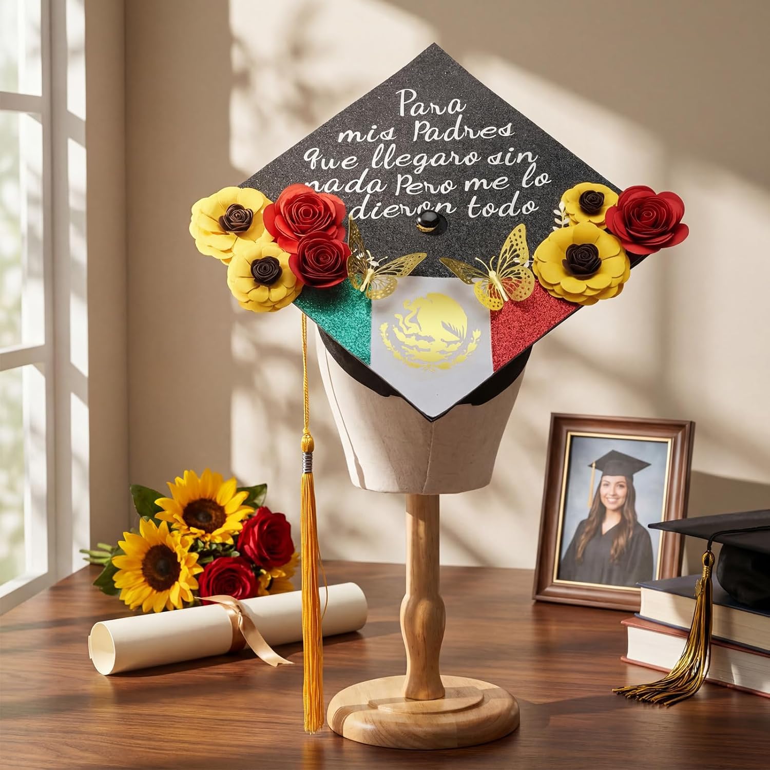 Gersoniel DIY Mexican Graduation Cap Decoration Kit 2026 Flower Grad Cap Flower 3D Butterfly Rhinestones Mexican Emblem Alphabet Letter Sticker Golden Leaves Pearl Glitter Paper Craft for Party Decor
